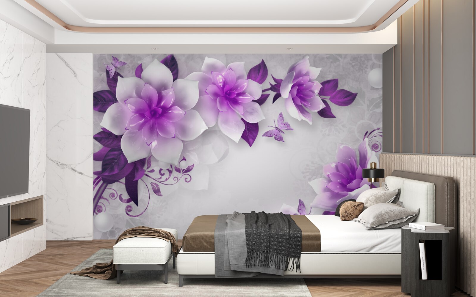 Fotobehang witte achtergrond versierd met paarse bloemen