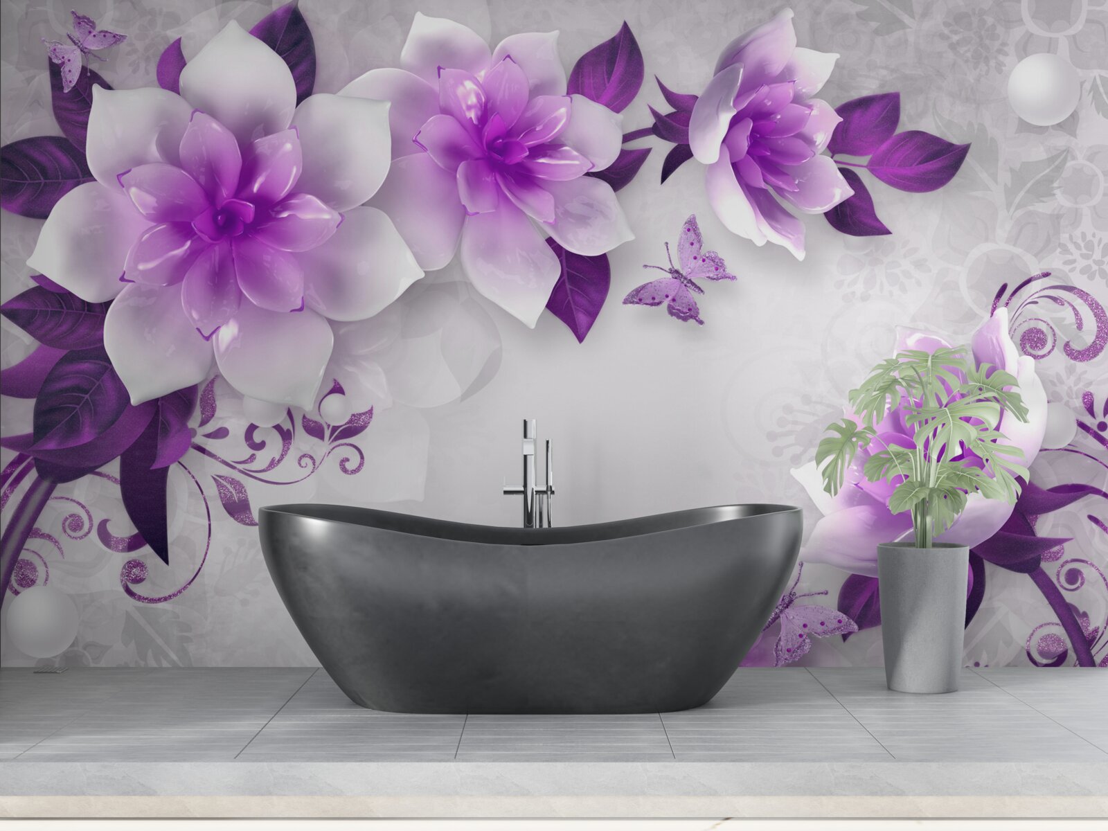 Fotobehang witte achtergrond versierd met paarse bloemen