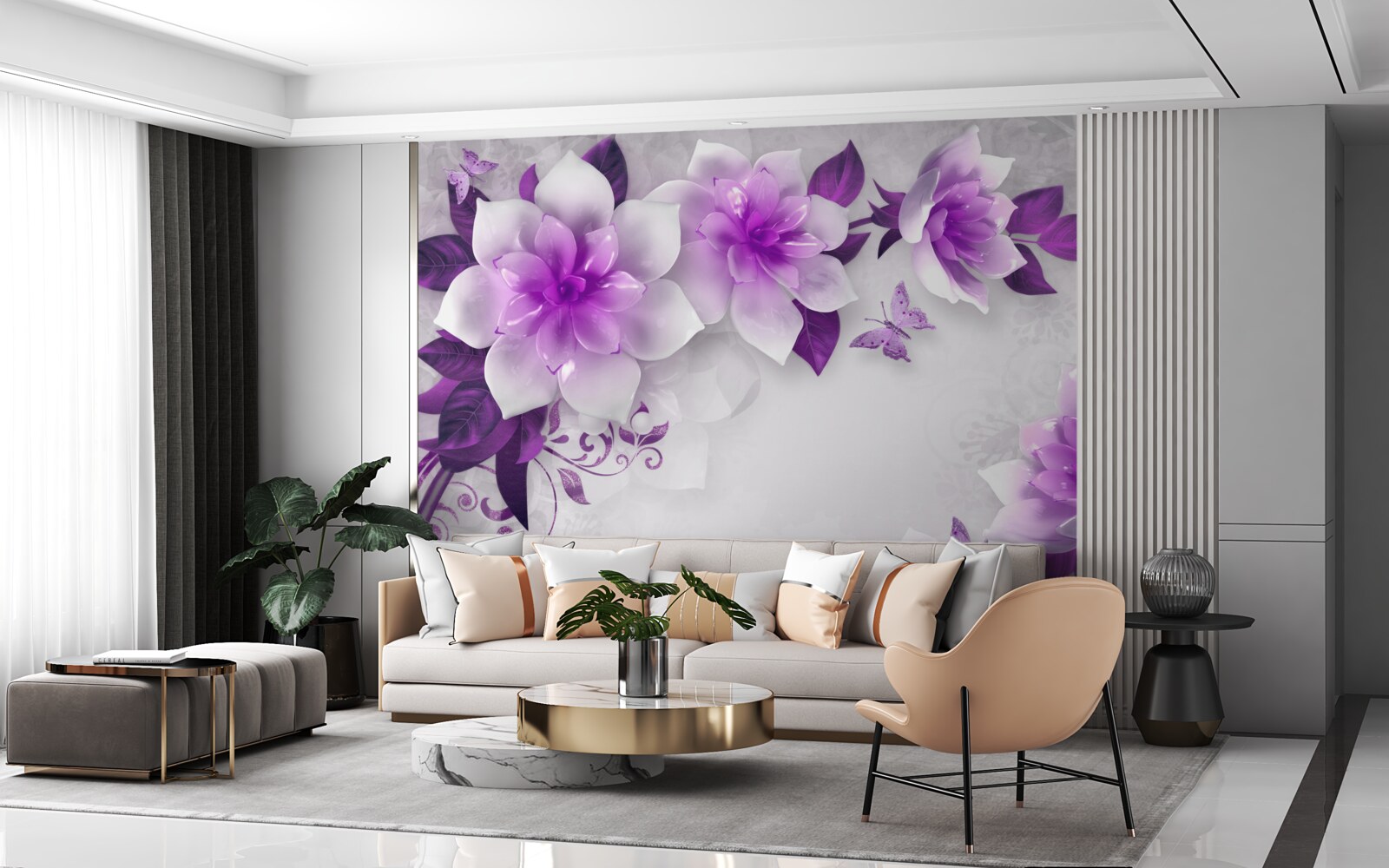 Fotobehang witte achtergrond versierd met paarse bloemen