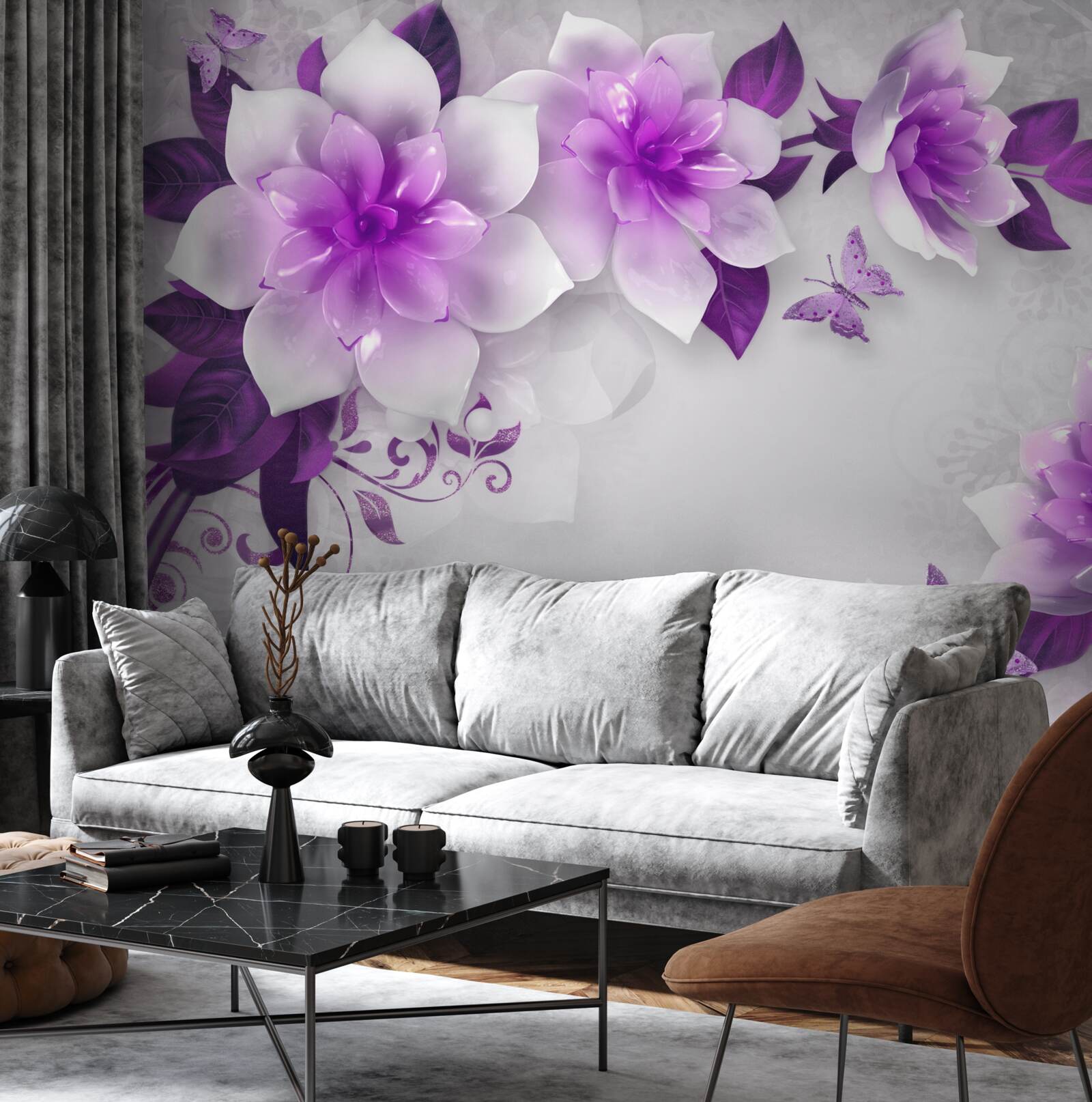 Fotobehang witte achtergrond versierd met paarse bloemen