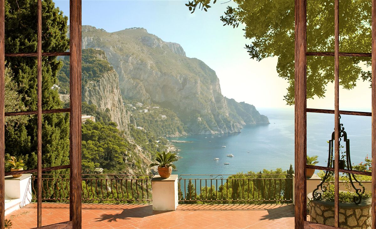 Fotobehang Zee- en bergzicht direct vanaf het balkon