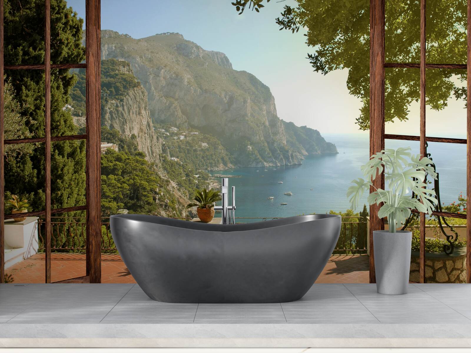 Fotobehang Zee- en bergzicht direct vanaf het balkon