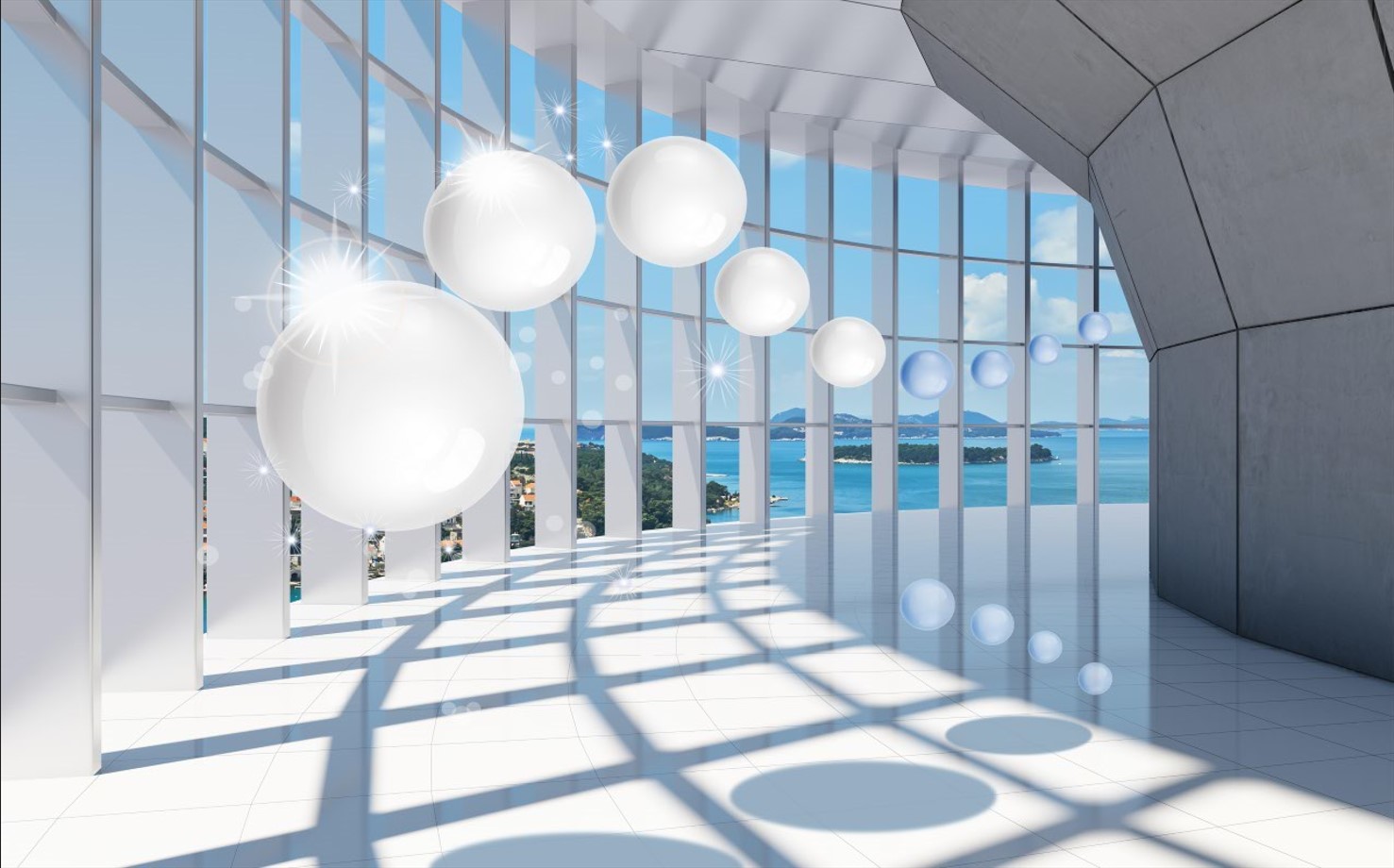 Fotobehang tegen de achtergrond van de lucht vliegen witte ballen de tunnel in