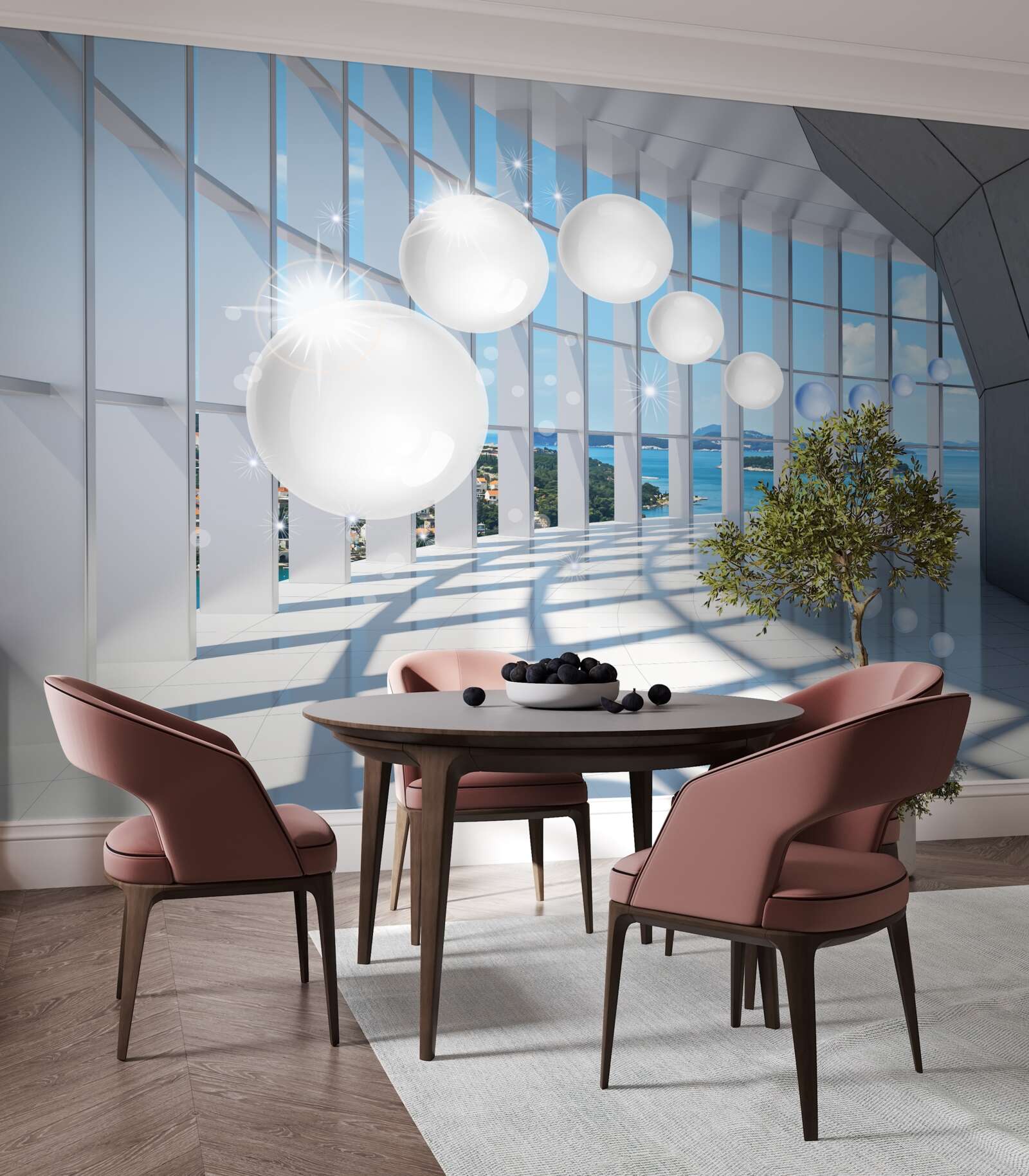 Fotobehang tegen de achtergrond van de lucht vliegen witte ballen de tunnel in