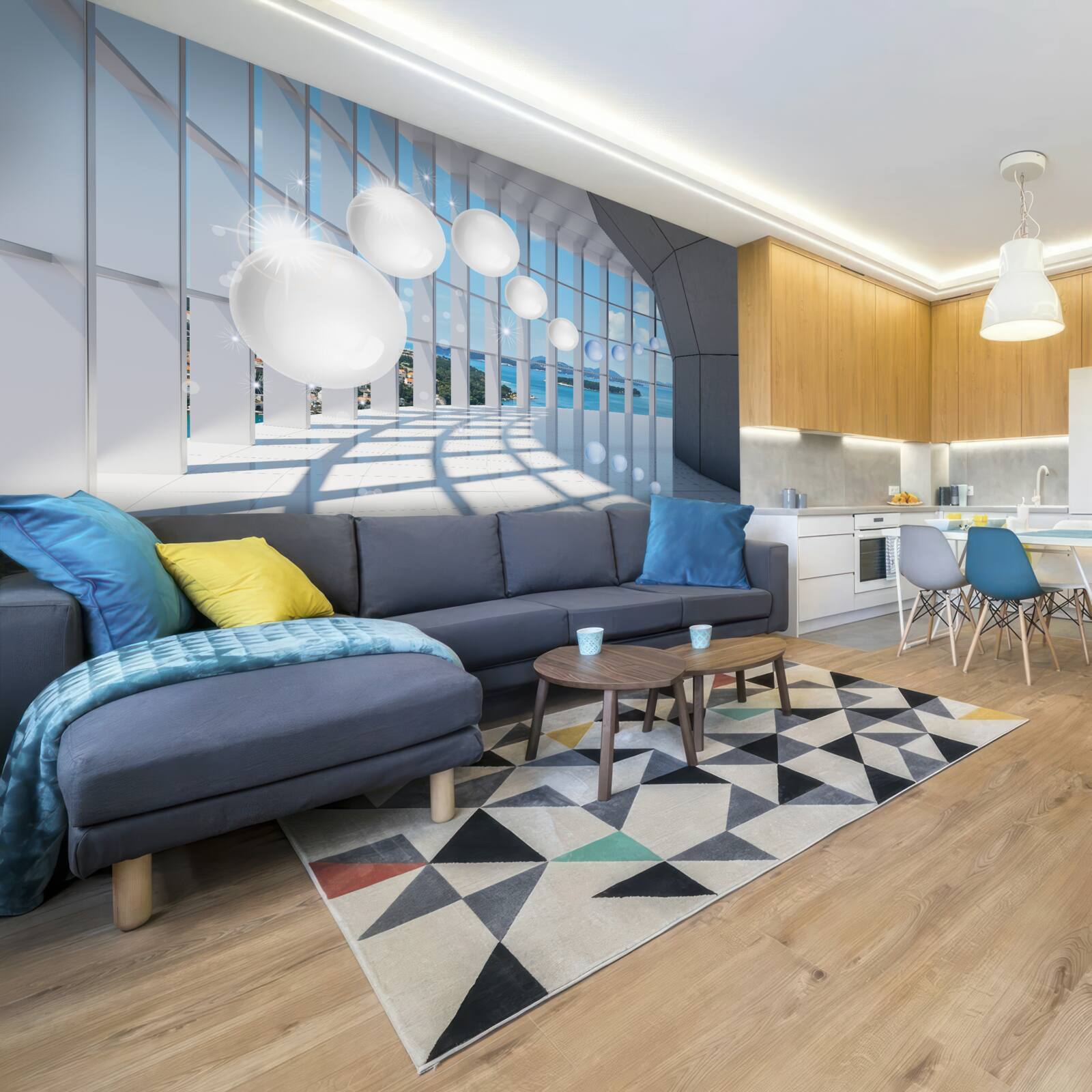 Fotobehang tegen de achtergrond van de lucht vliegen witte ballen de tunnel in