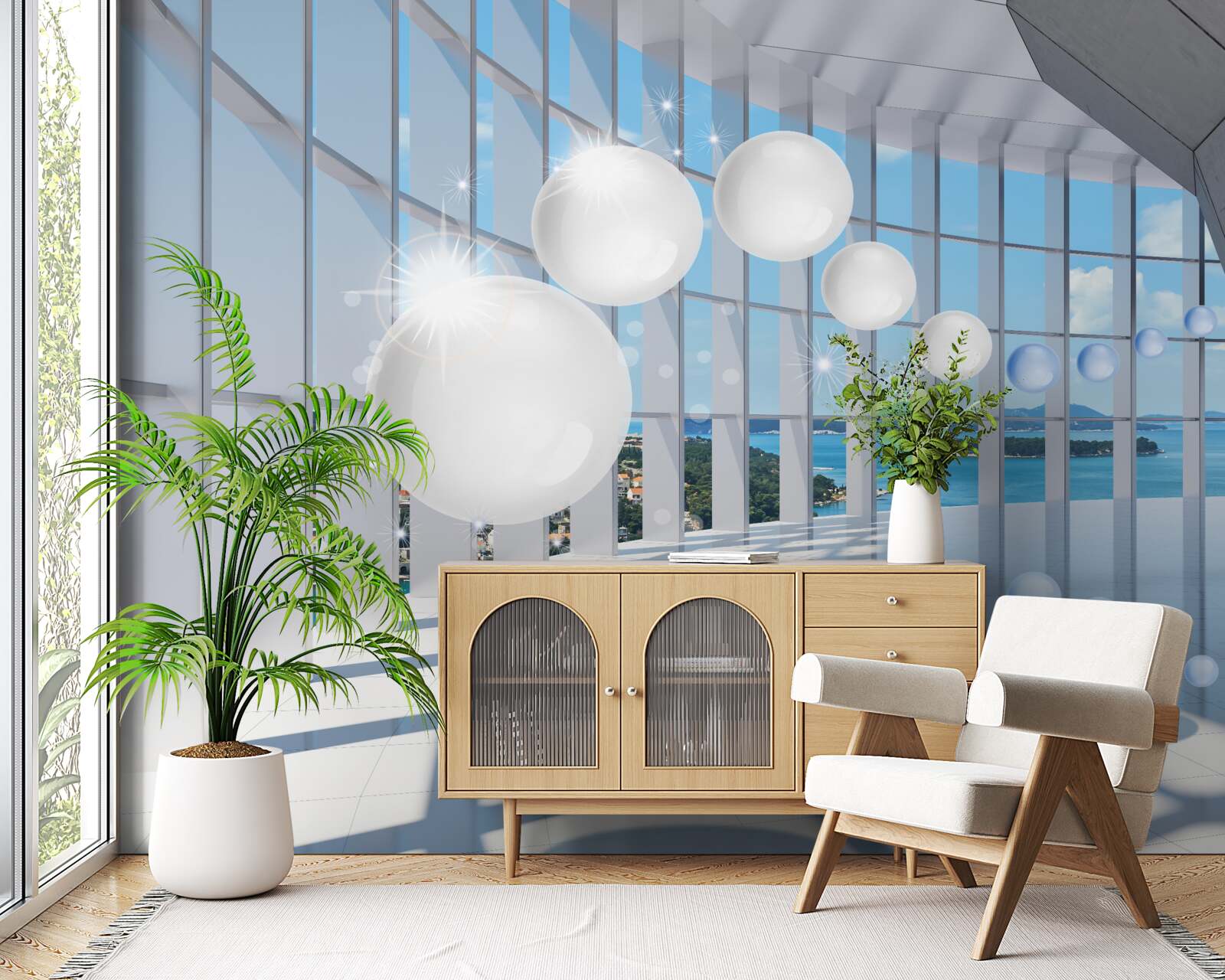 Fotobehang tegen de achtergrond van de lucht vliegen witte ballen de tunnel in