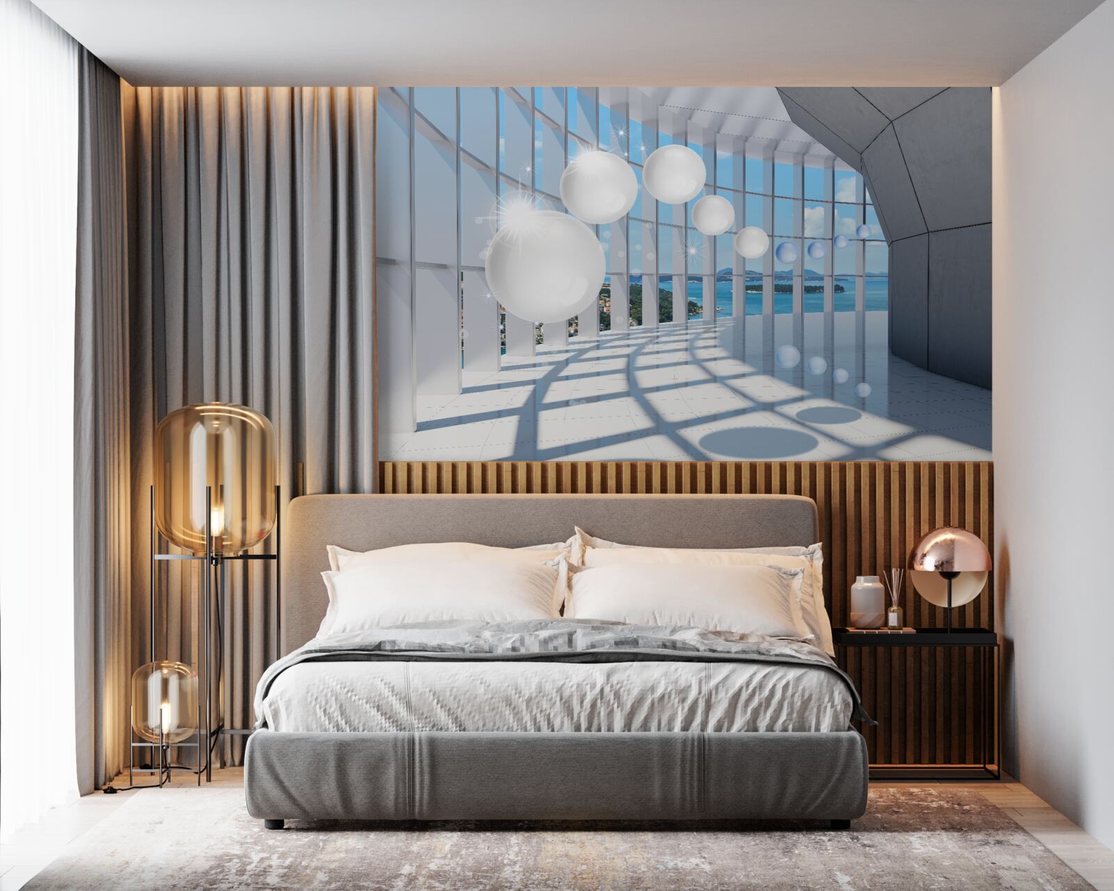 Fotobehang tegen de achtergrond van de lucht vliegen witte ballen de tunnel in