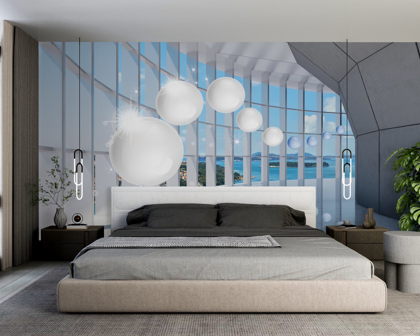 Fotobehang tegen de achtergrond van de lucht vliegen witte ballen de tunnel in