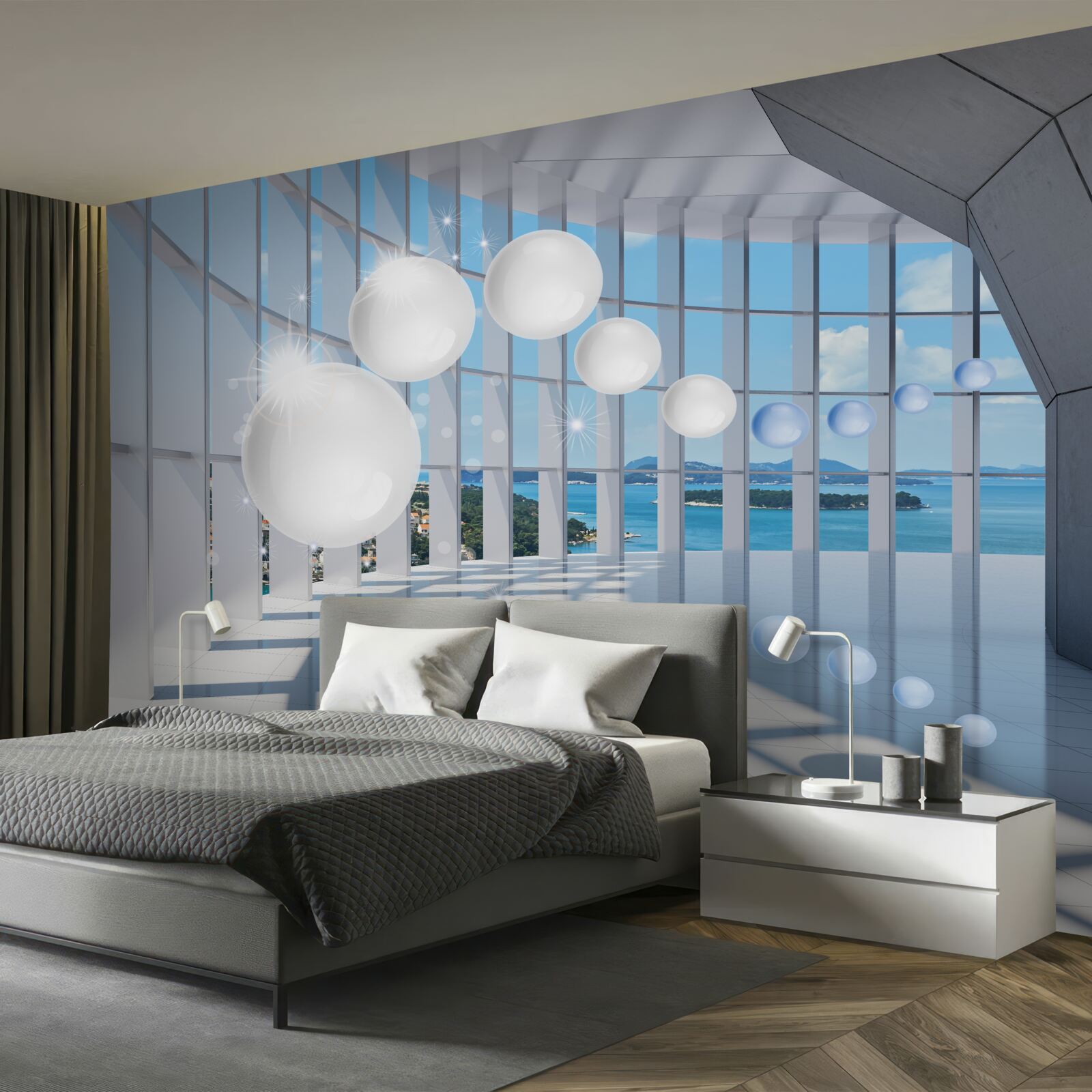 Fotobehang tegen de achtergrond van de lucht vliegen witte ballen de tunnel in