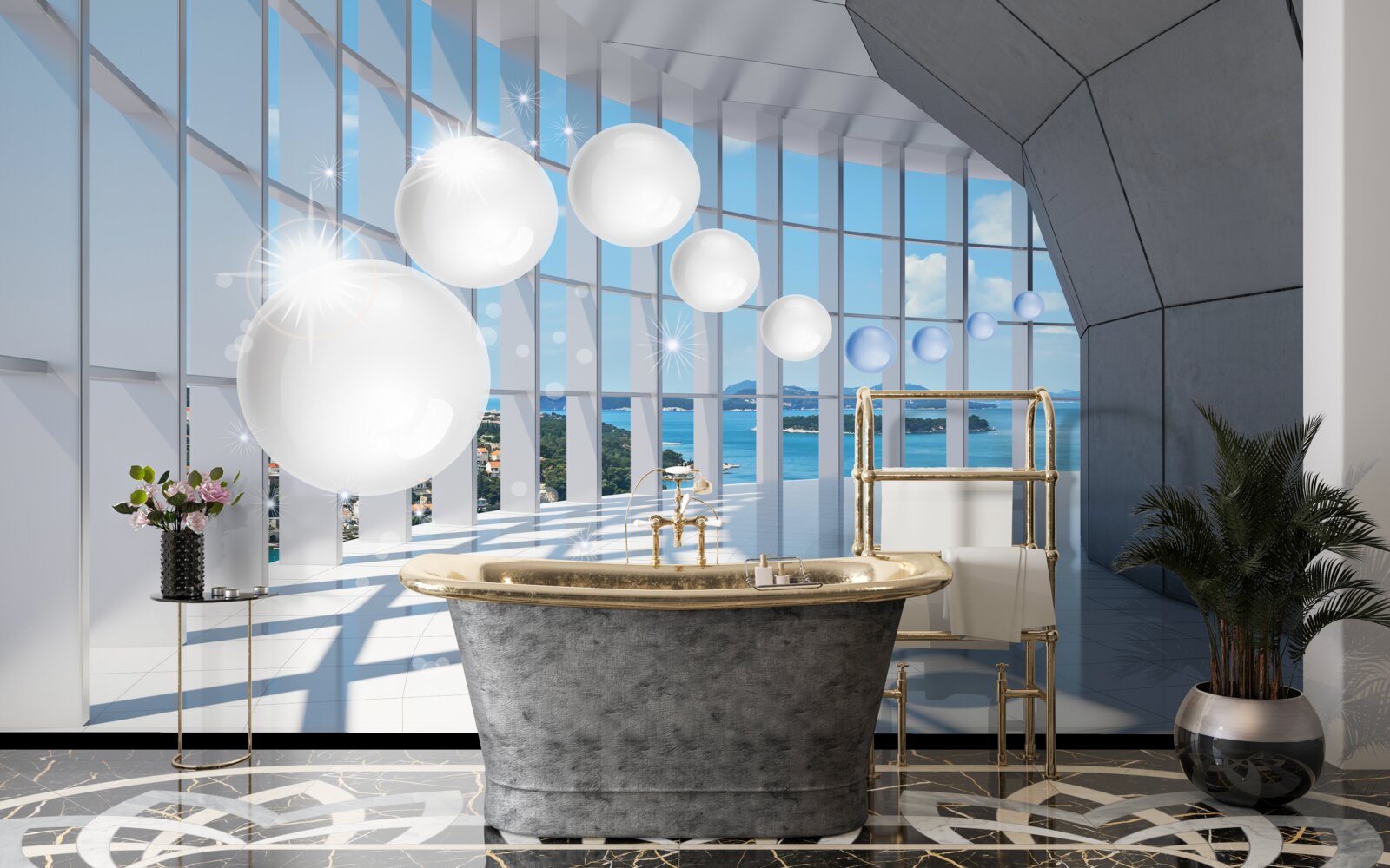 Fotobehang tegen de achtergrond van de lucht vliegen witte ballen de tunnel in