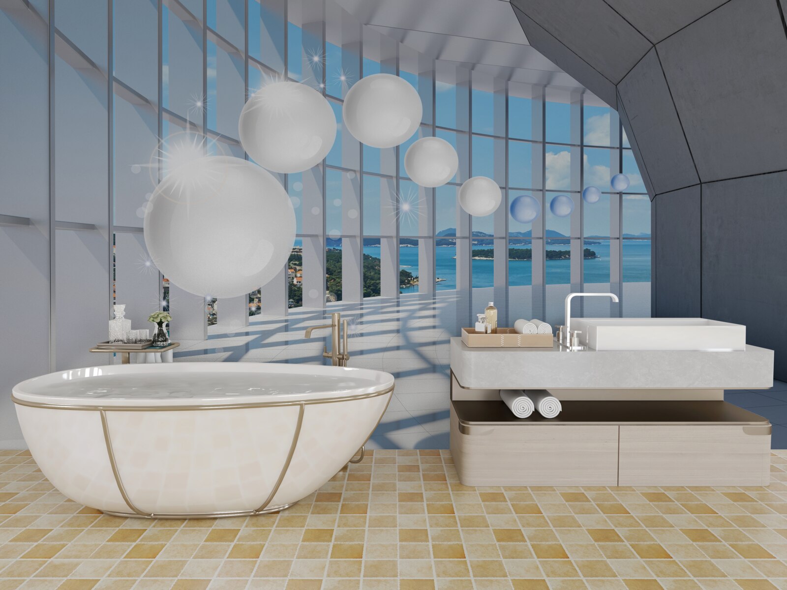 Fotobehang tegen de achtergrond van de lucht vliegen witte ballen de tunnel in