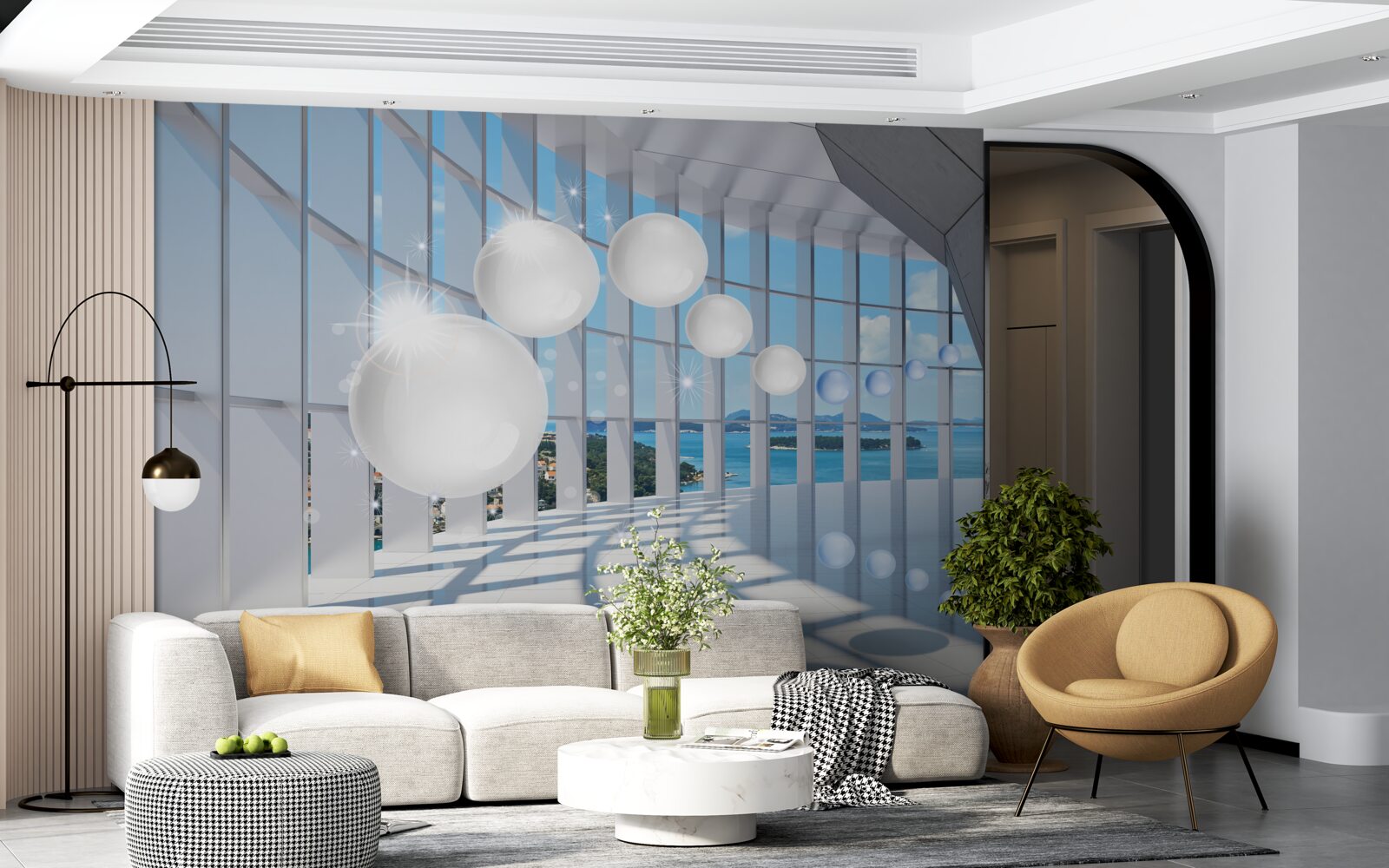 Fotobehang tegen de achtergrond van de lucht vliegen witte ballen de tunnel in