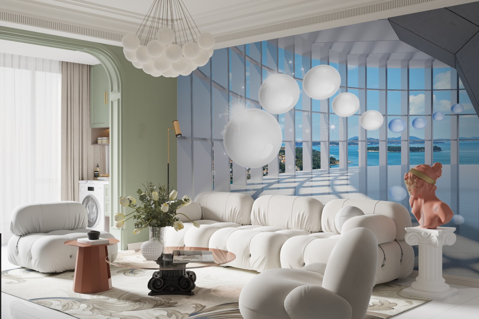 Fotobehang tegen de achtergrond van de lucht vliegen witte ballen de tunnel in