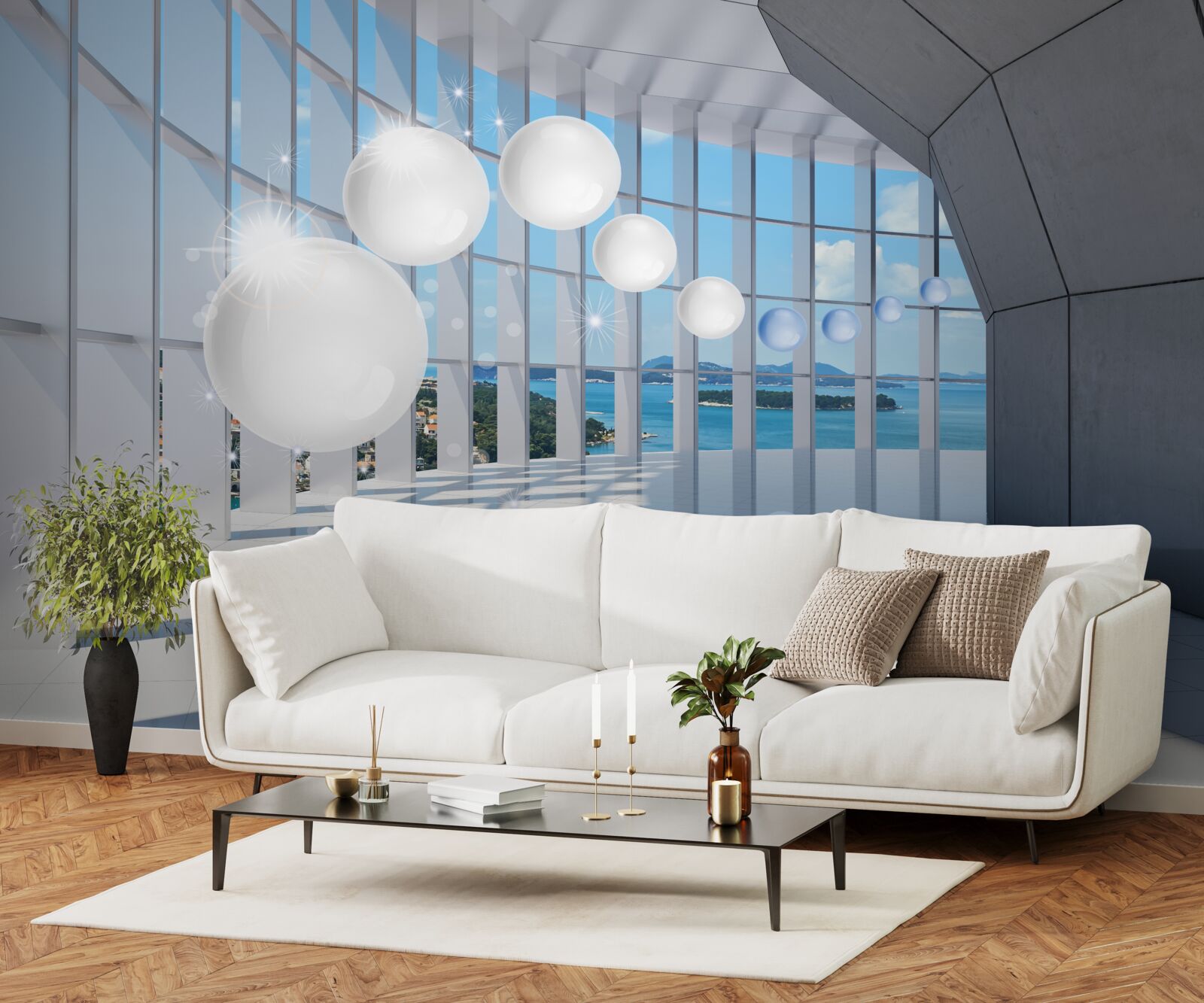 Fotobehang tegen de achtergrond van de lucht vliegen witte ballen de tunnel in