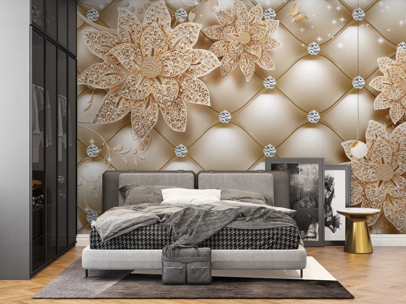 Fotobehang de parels zijn versierd met gouden bloemen