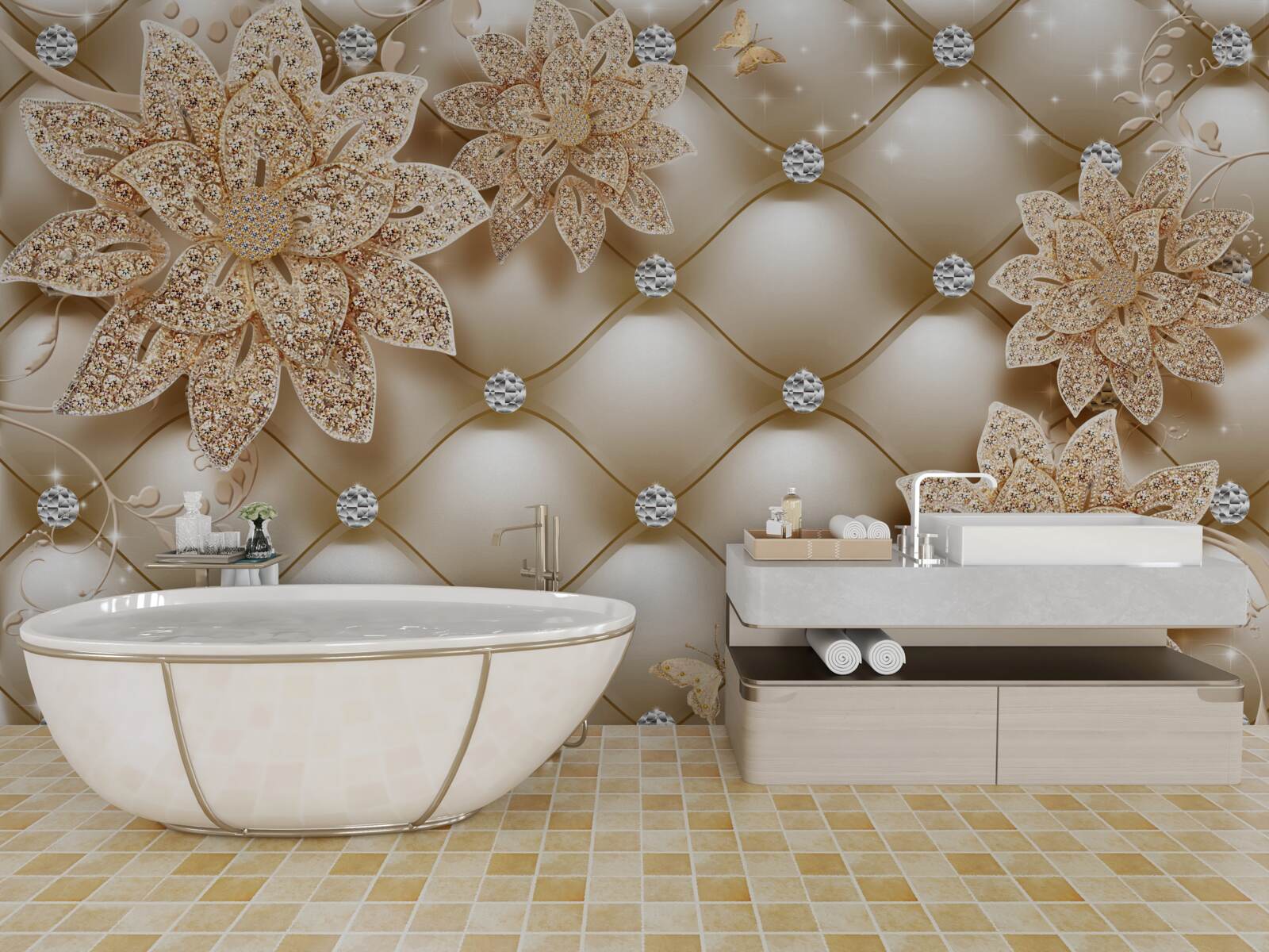 Fotobehang de parels zijn versierd met gouden bloemen