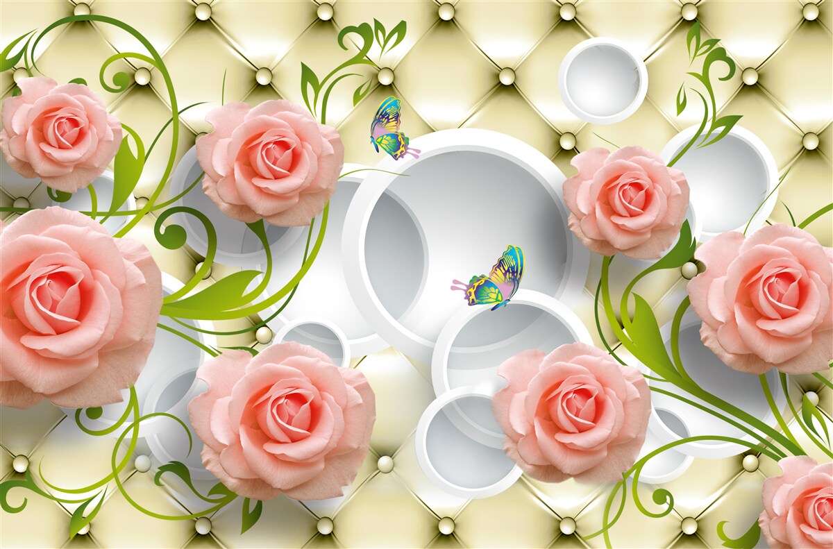 Fotobehang vlinders en rozen in roze