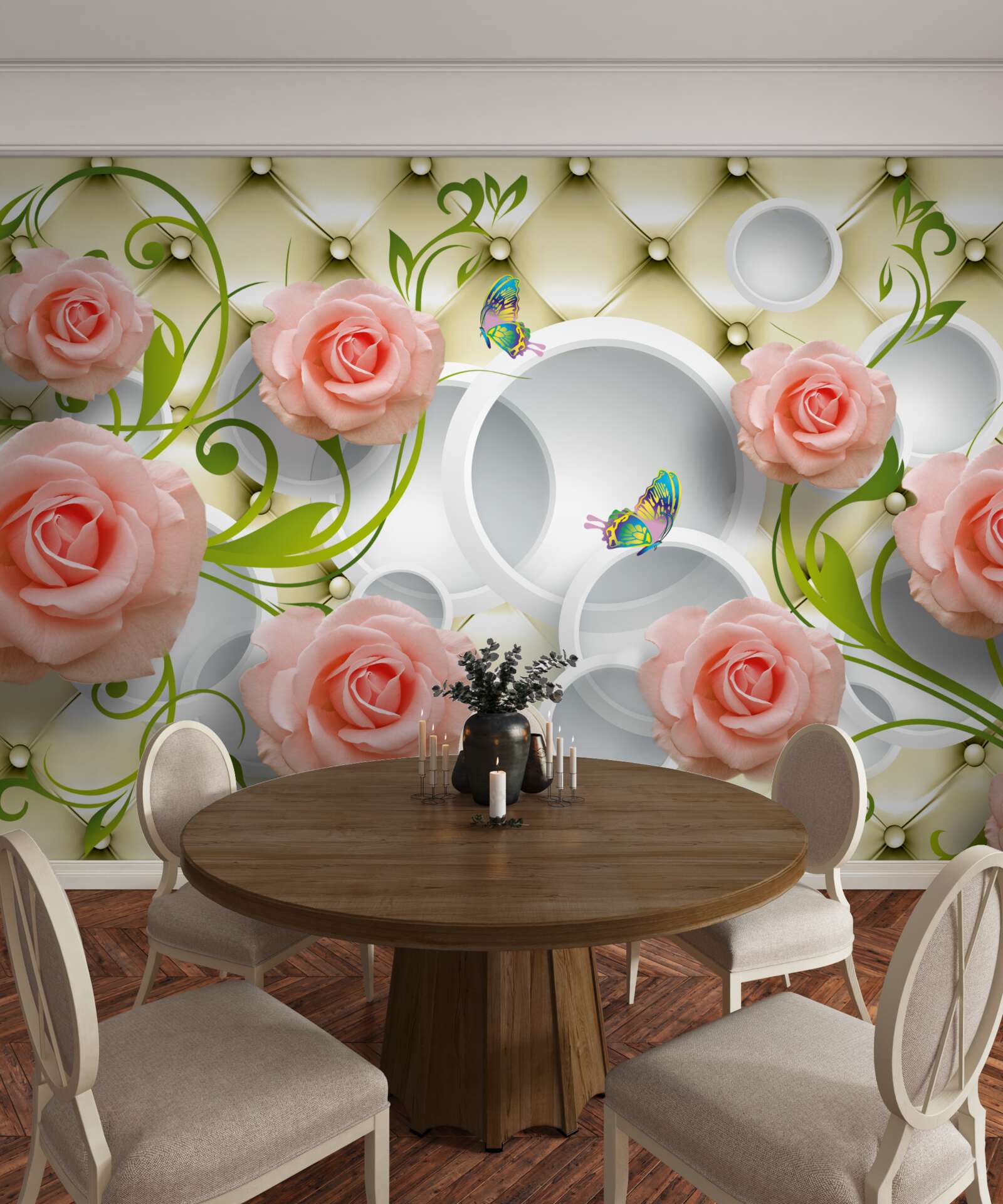 Fotobehang vlinders en rozen in roze