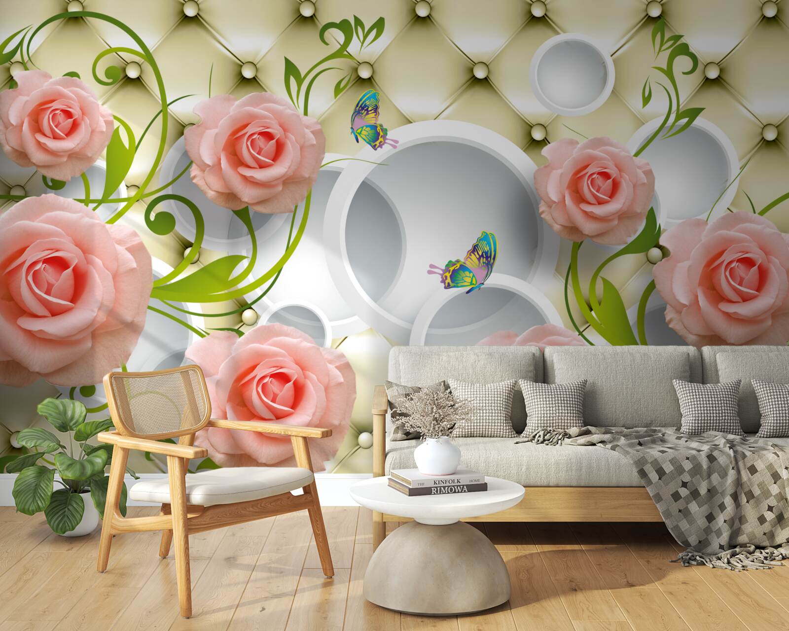Fotobehang vlinders en rozen in roze