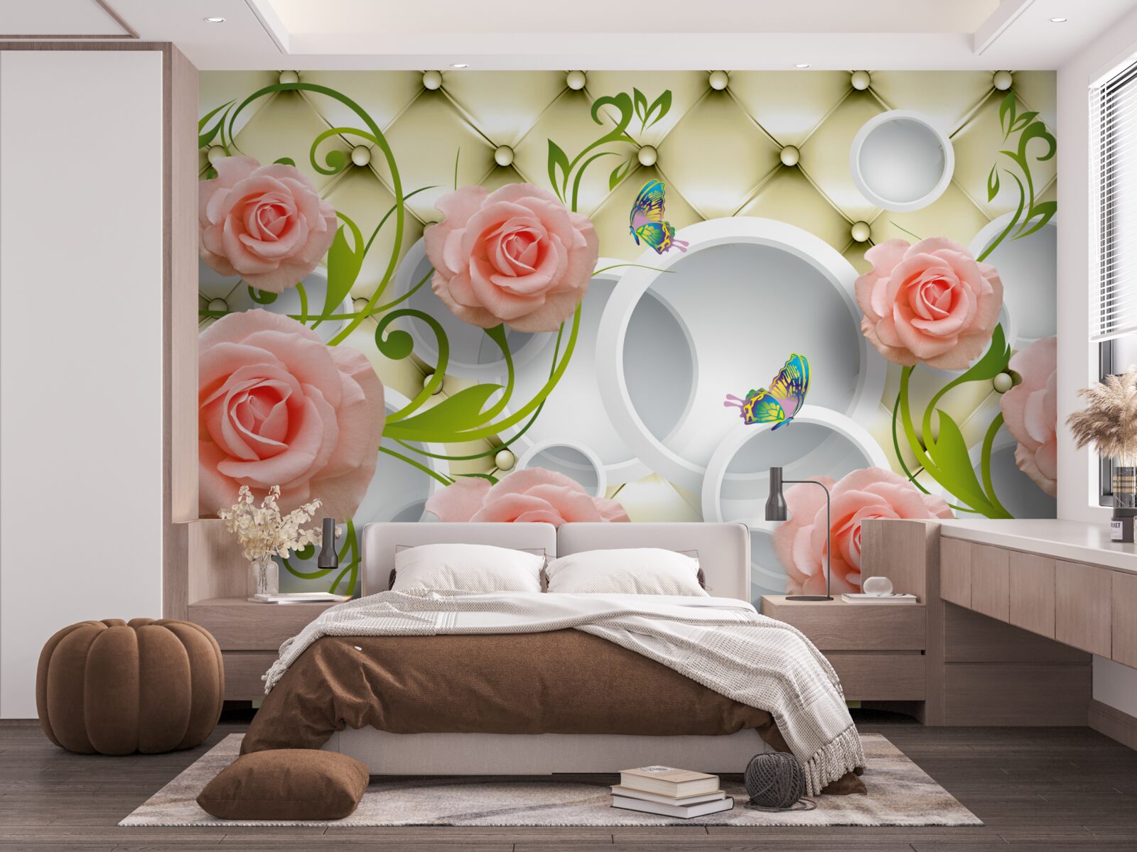 Fotobehang vlinders en rozen in roze