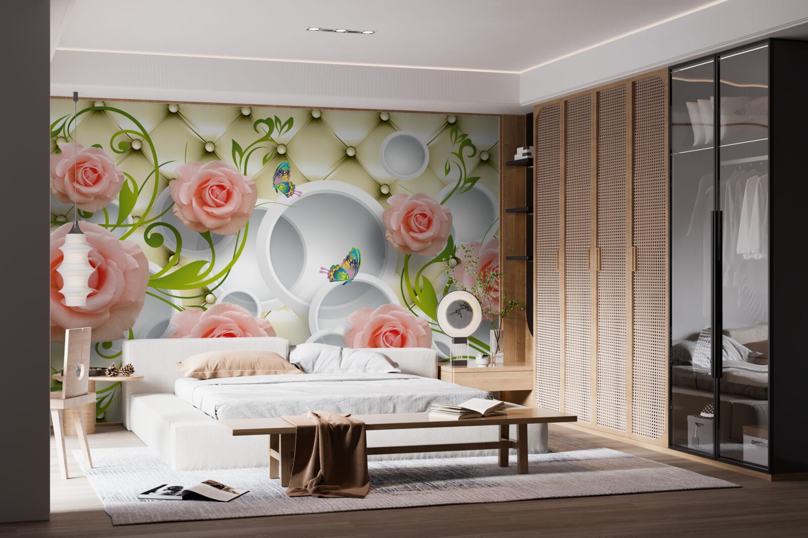 Fotobehang vlinders en rozen in roze