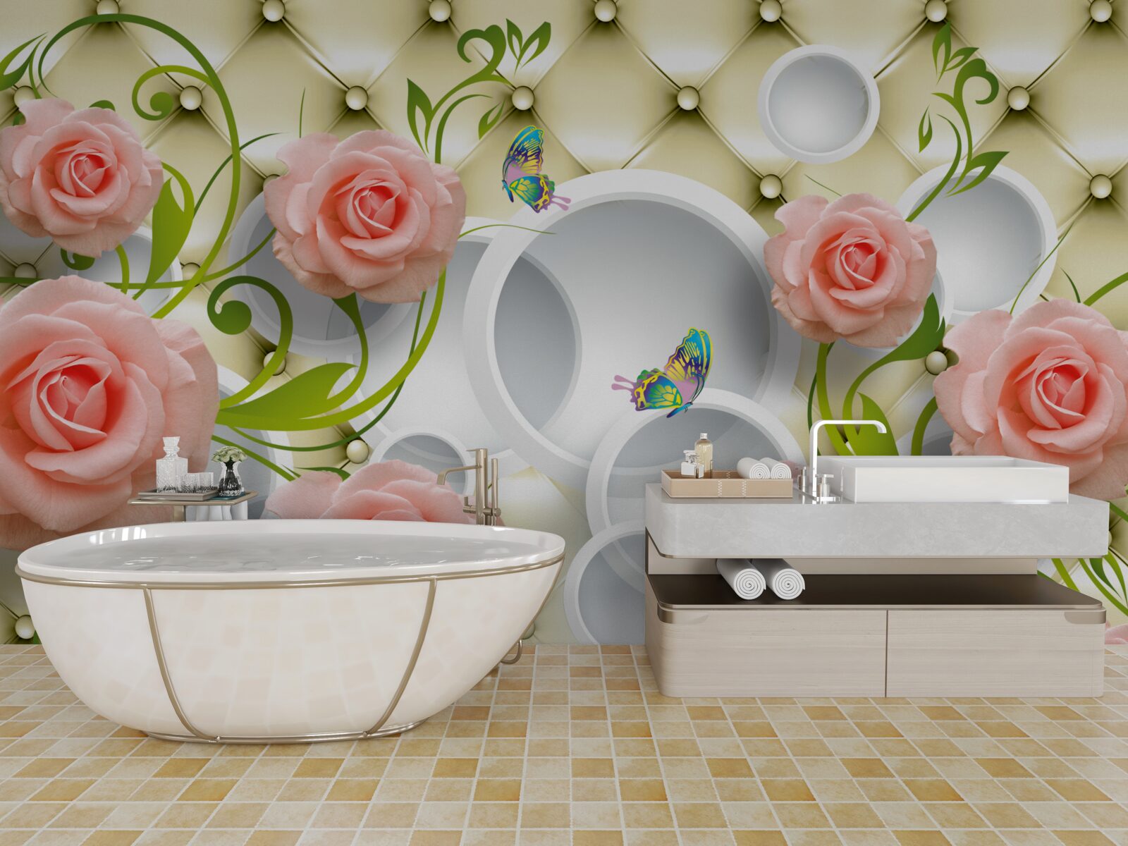 Fotobehang vlinders en rozen in roze