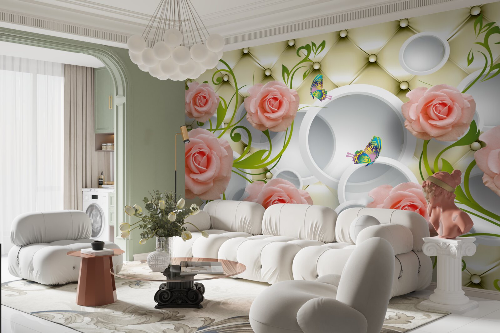 Fotobehang vlinders en rozen in roze