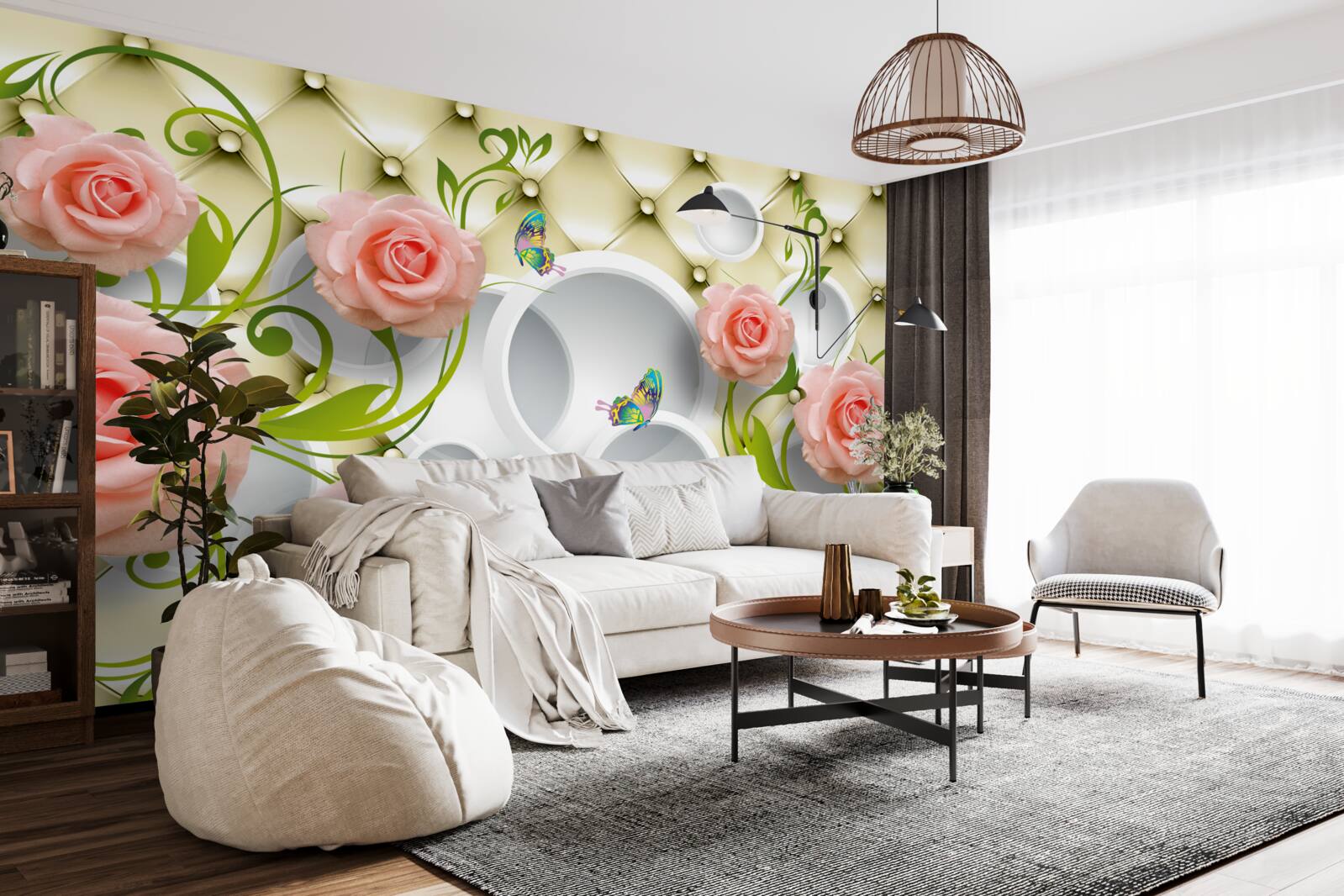 Fotobehang vlinders en rozen in roze