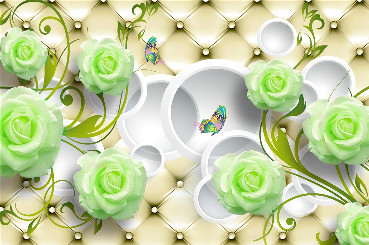 Fotobehang de roos is wit en groen met elementen van goud en parels