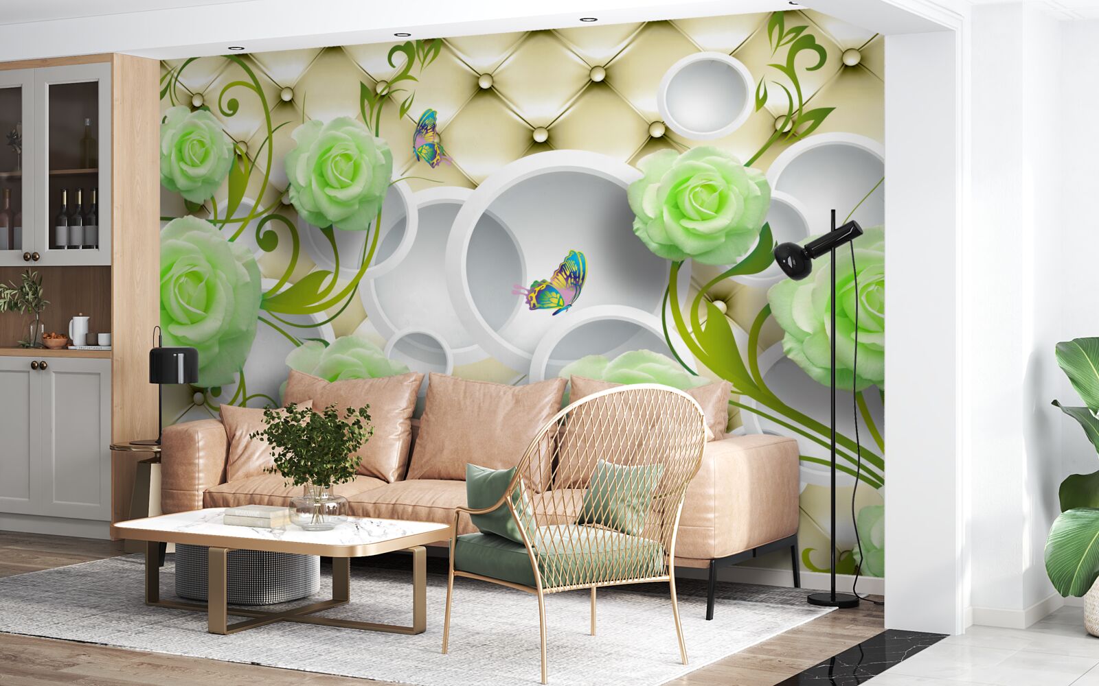 Fotobehang de roos is wit en groen met elementen van goud en parels