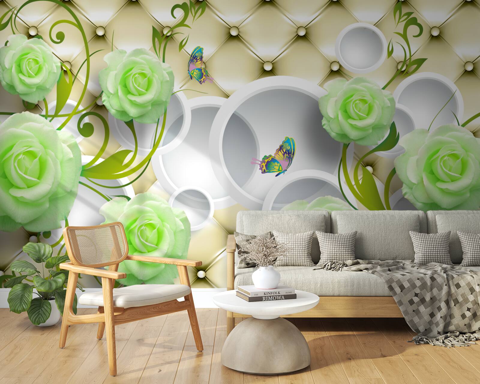 Fotobehang de roos is wit en groen met elementen van goud en parels