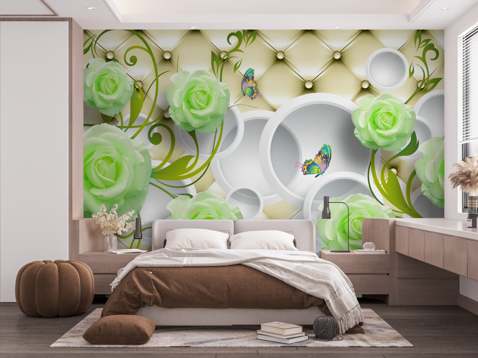 Fotobehang de roos is wit en groen met elementen van goud en parels