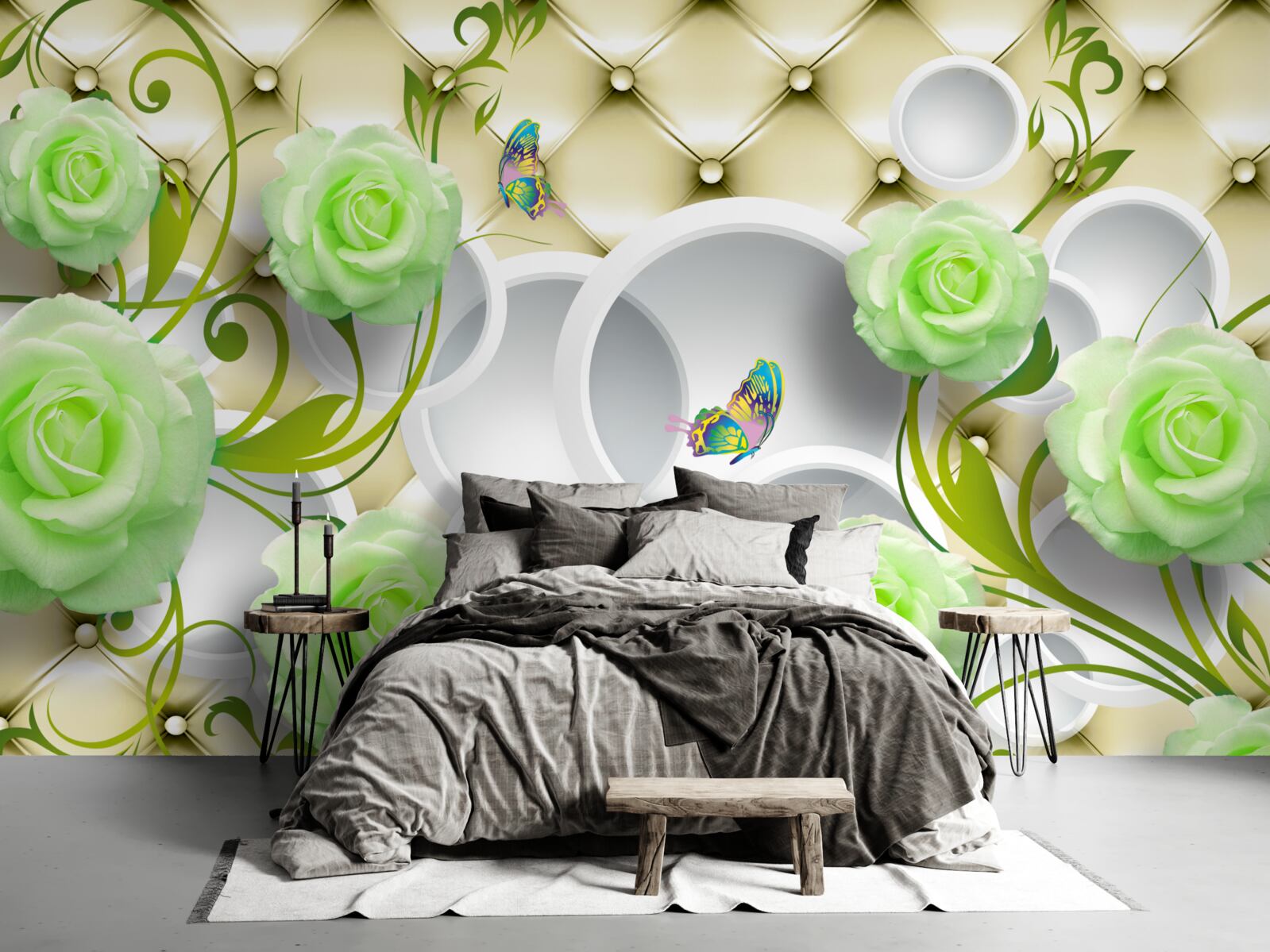 Fotobehang de roos is wit en groen met elementen van goud en parels