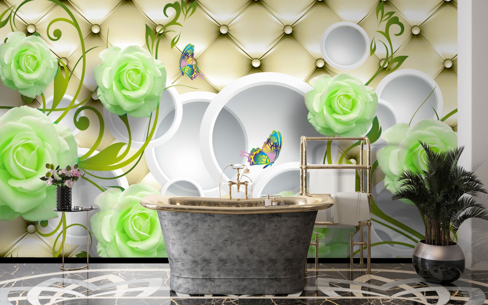 Fotobehang de roos is wit en groen met elementen van goud en parels