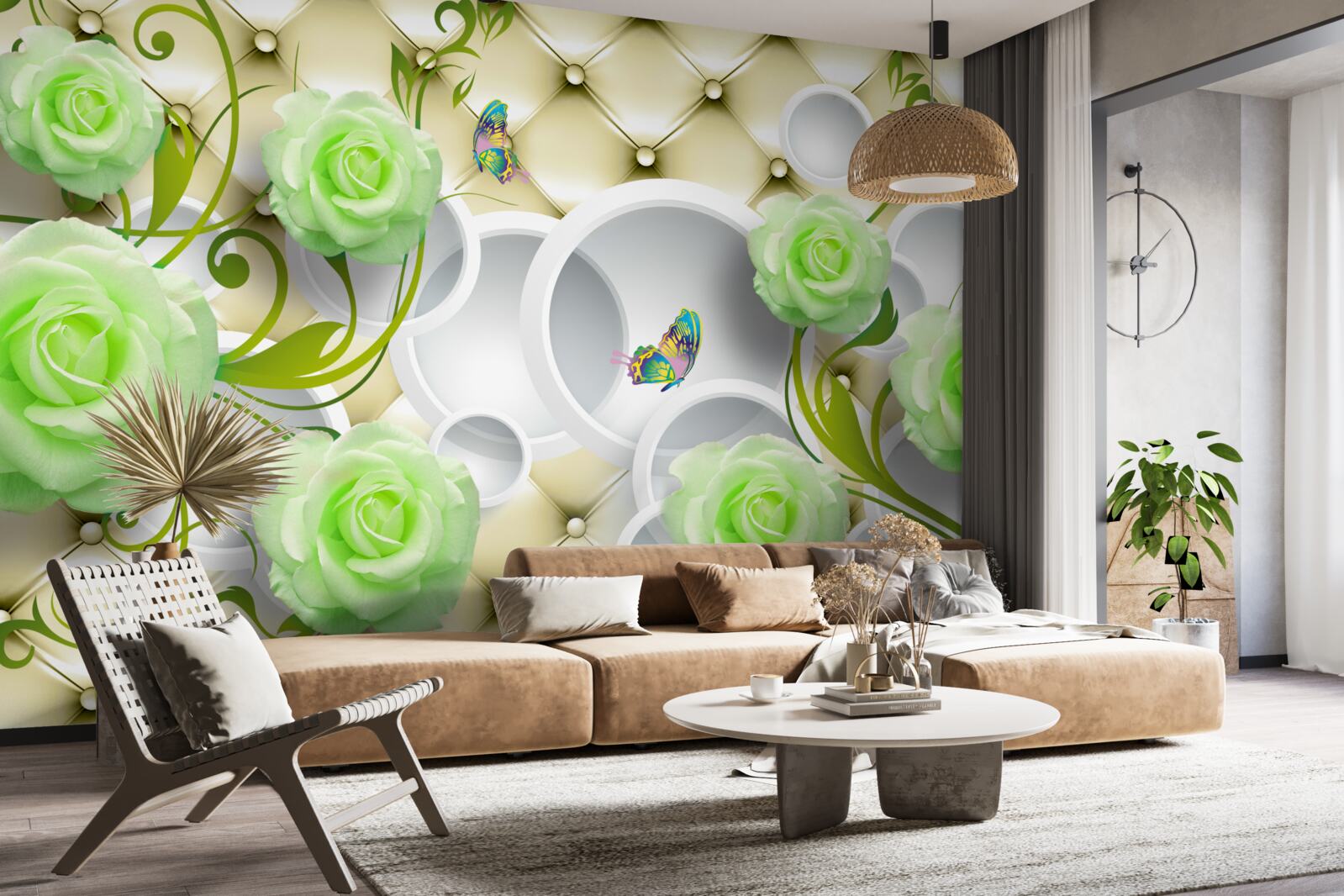 Fotobehang de roos is wit en groen met elementen van goud en parels