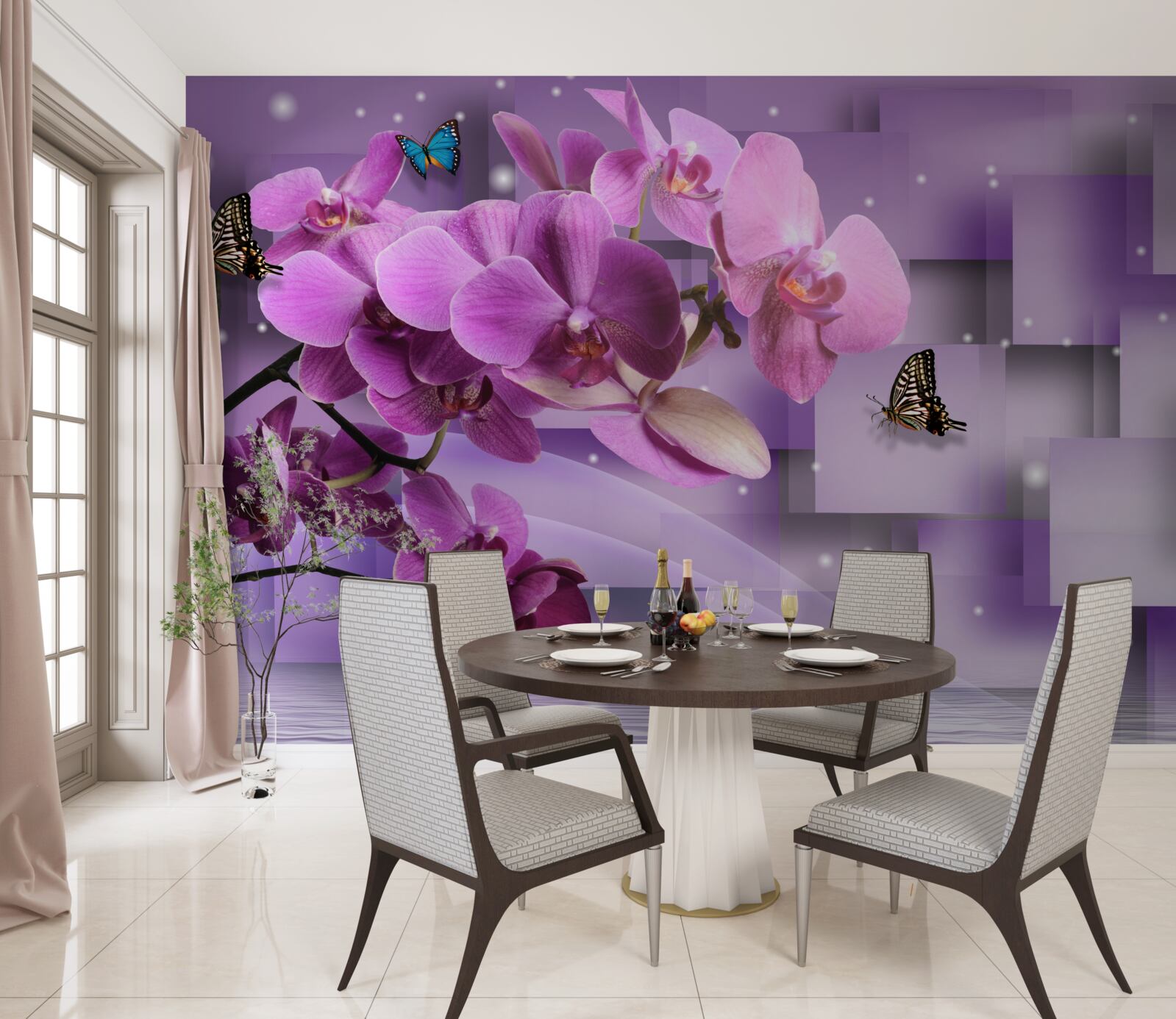 Fotobehang samenstelling van dunne orchideeën en vlinders