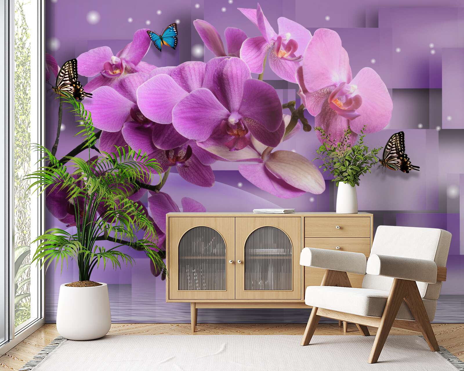 Fotobehang samenstelling van dunne orchideeën en vlinders