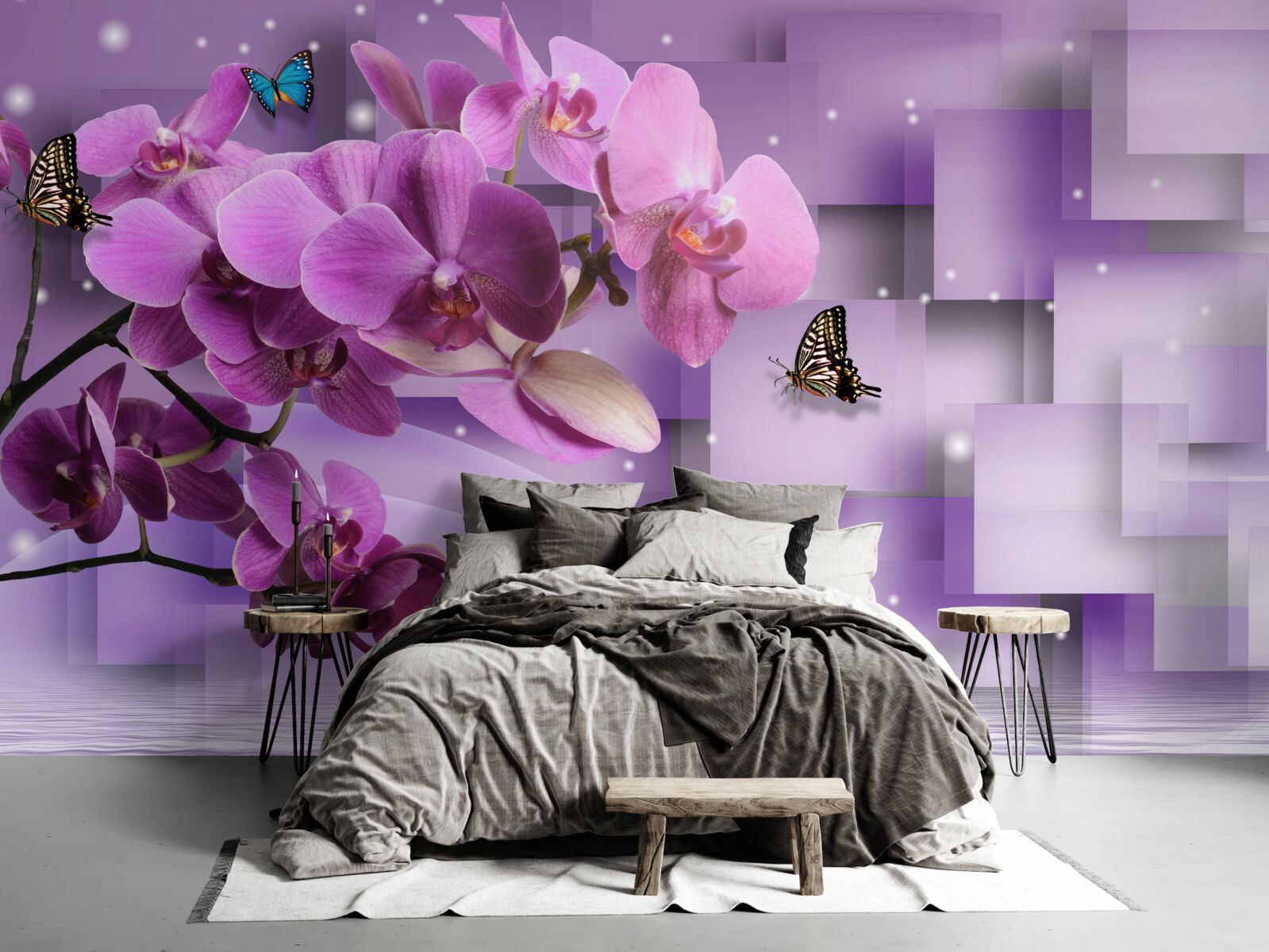 Fotobehang samenstelling van dunne orchideeën en vlinders