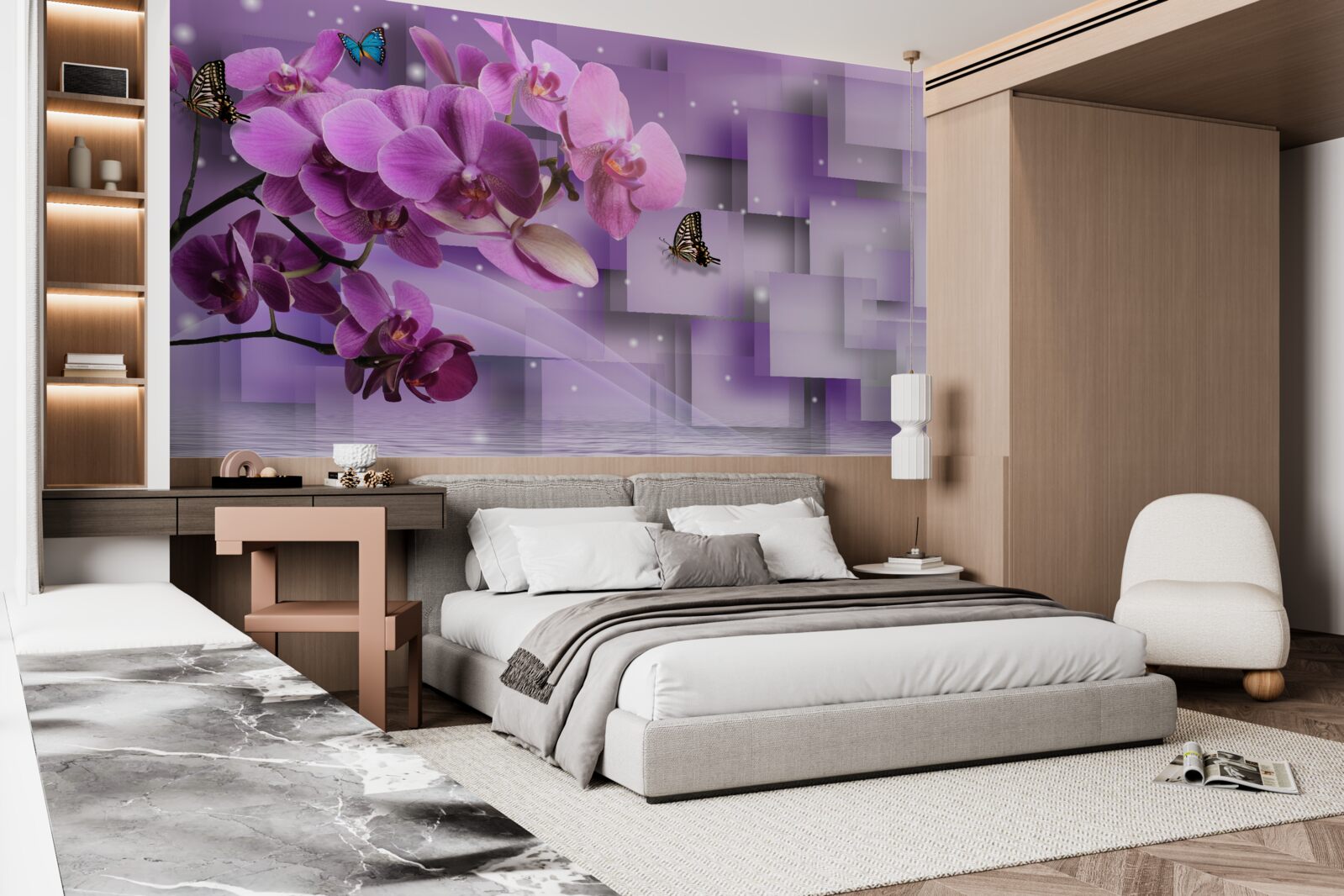 Fotobehang samenstelling van dunne orchideeën en vlinders