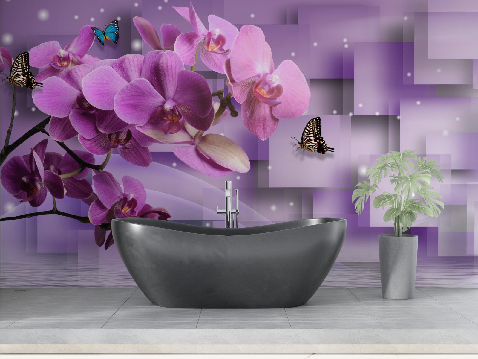 Fotobehang samenstelling van dunne orchideeën en vlinders