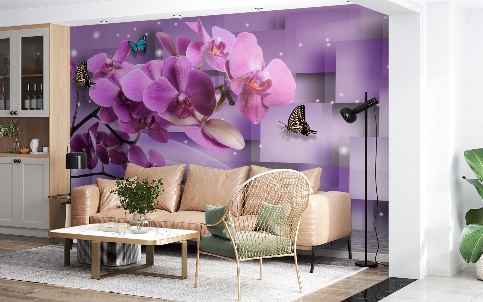 Fotobehang samenstelling van dunne orchideeën en vlinders