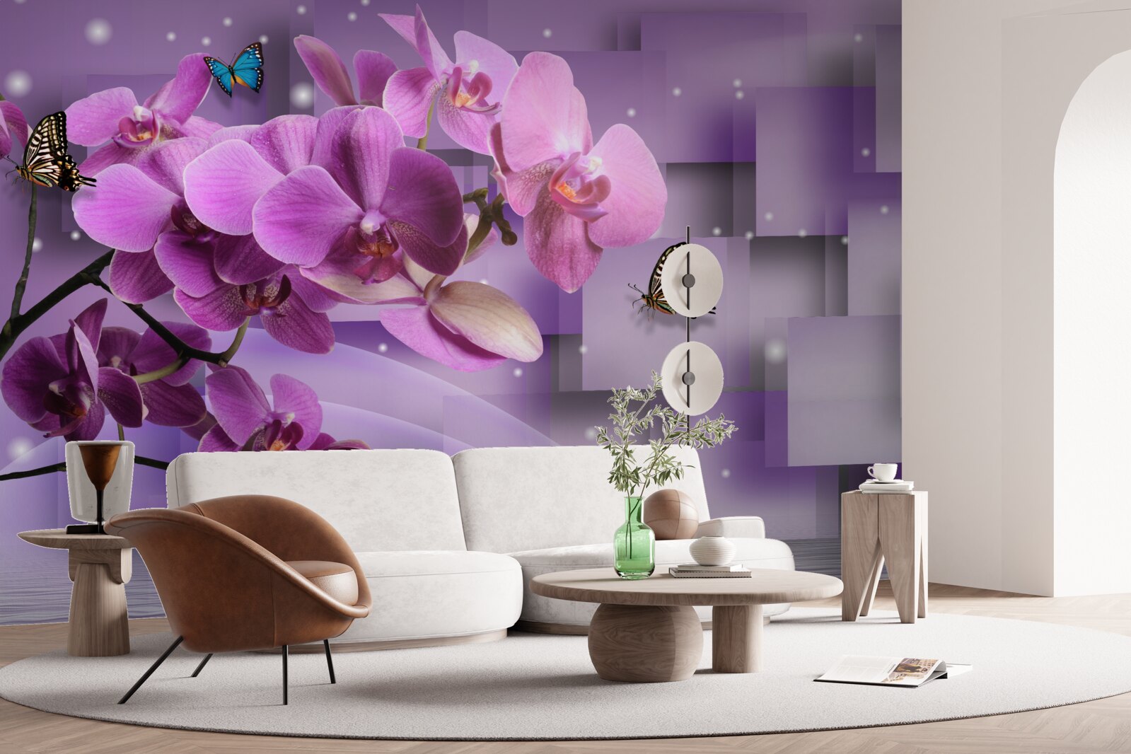 Fotobehang samenstelling van dunne orchideeën en vlinders