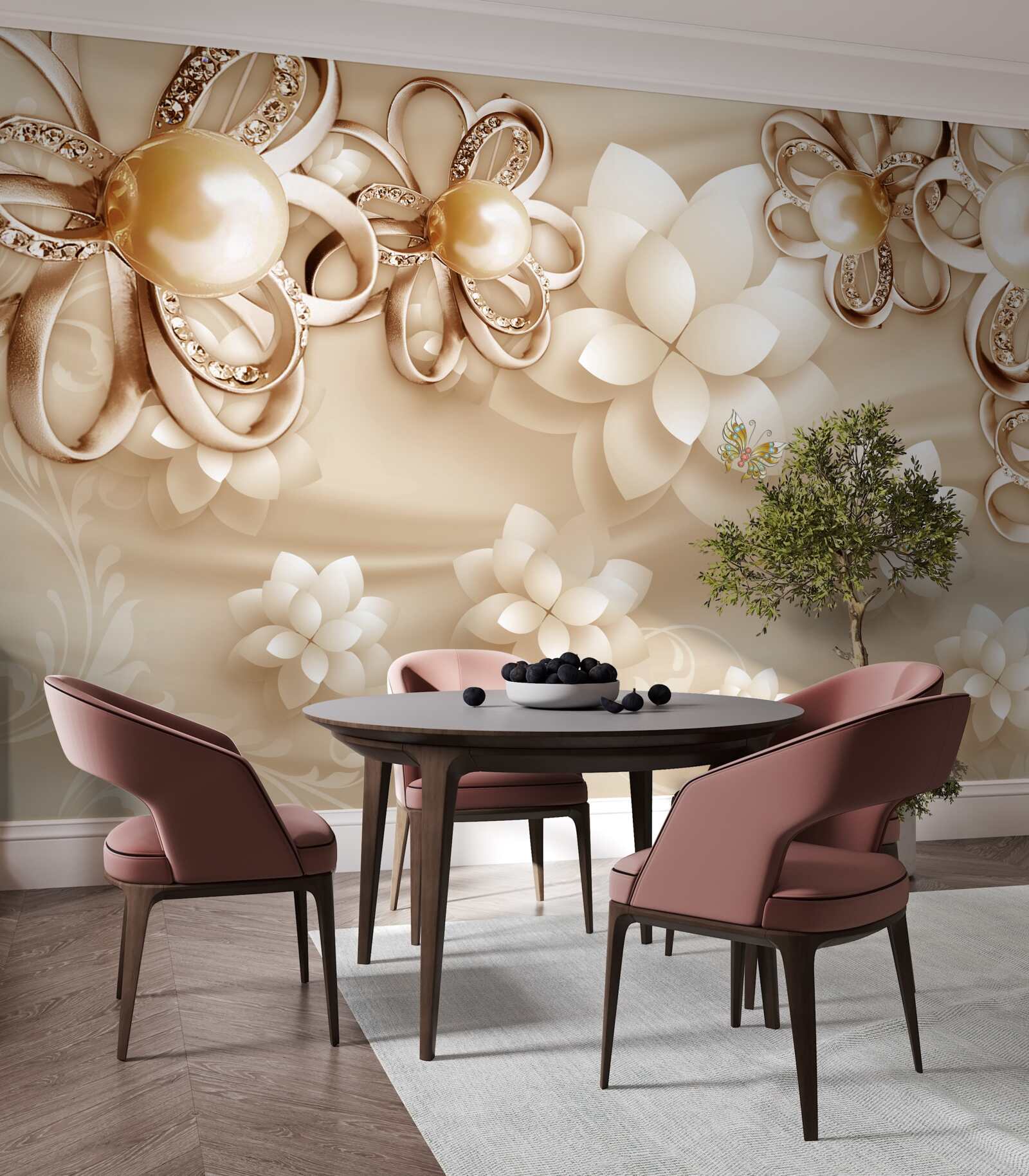 Fotobehang magnolia bloemen zijn sneeuwwit met gouden accenten