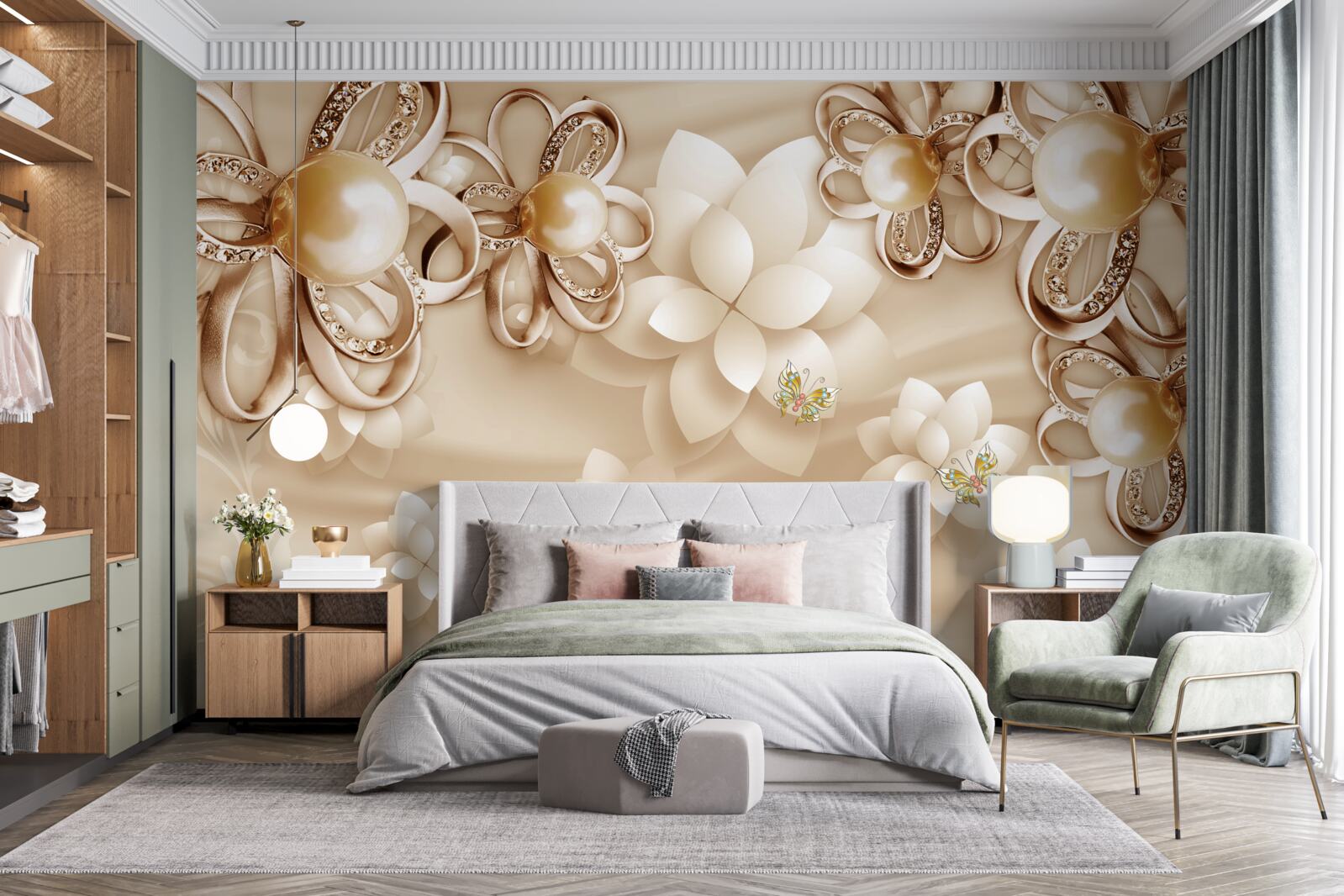 Fotobehang magnolia bloemen zijn sneeuwwit met gouden accenten