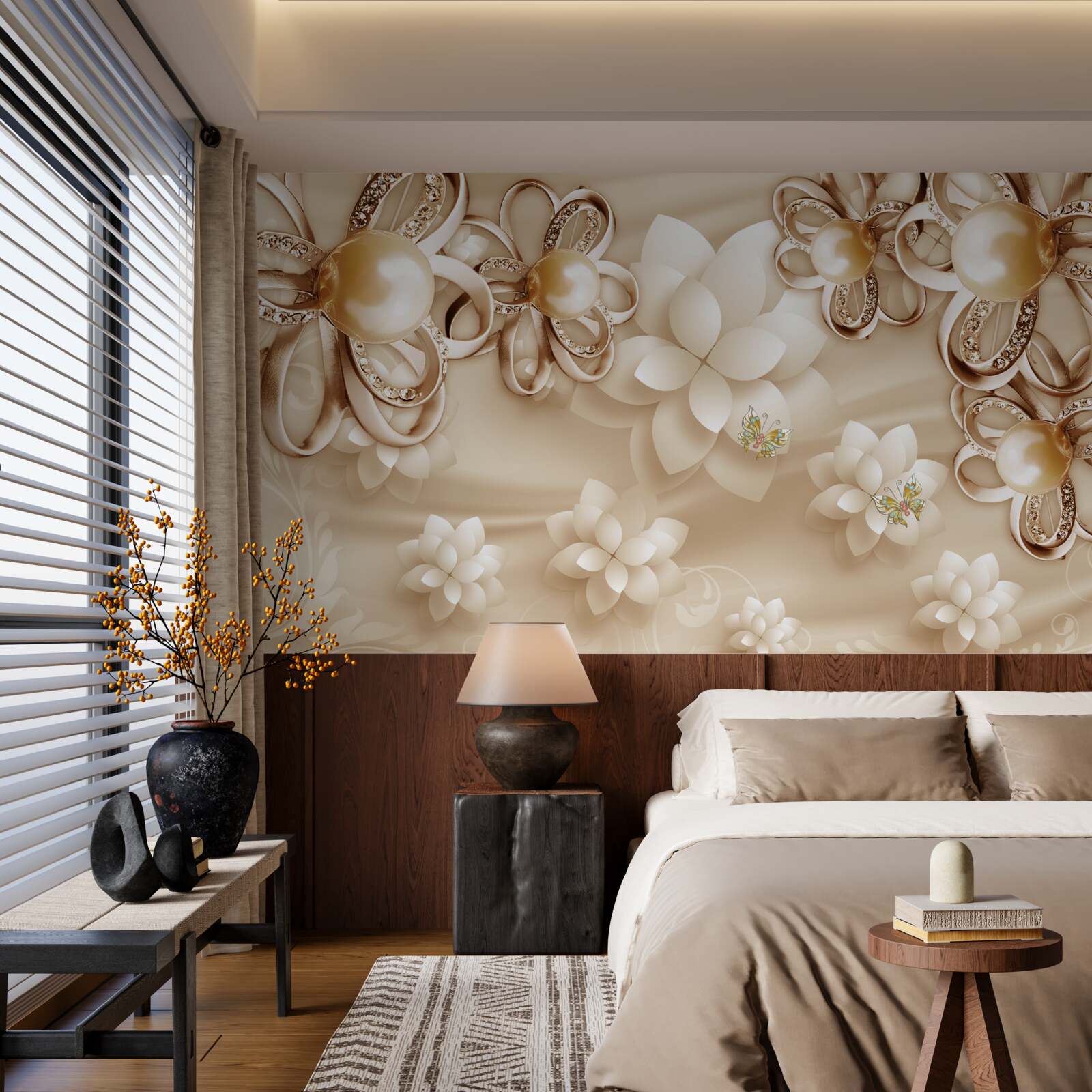 Fotobehang magnolia bloemen zijn sneeuwwit met gouden accenten