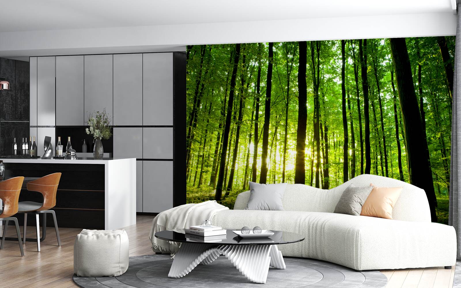 Fotobehang de zonnestralen dringen door het dichte bosje