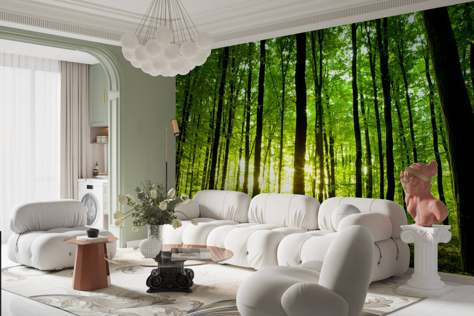 Fotobehang de zonnestralen dringen door het dichte bosje