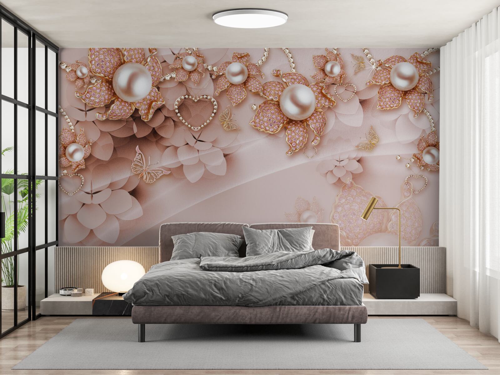 Fotobehang bloemvormige parels in gouden zettingen