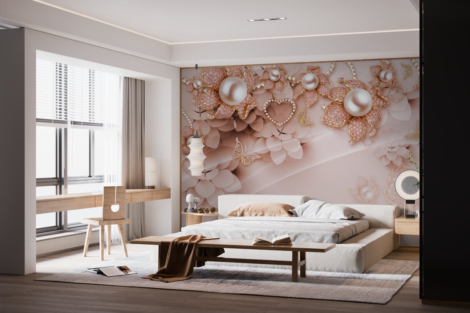 Fotobehang bloemvormige parels in gouden zettingen