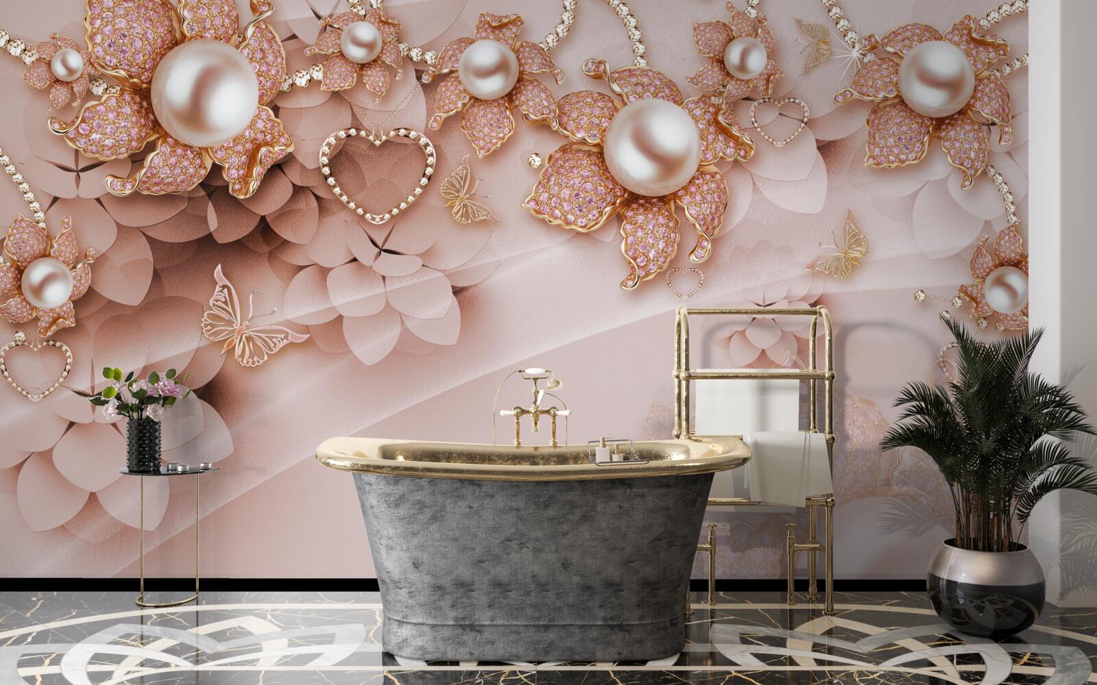 Fotobehang bloemvormige parels in gouden zettingen